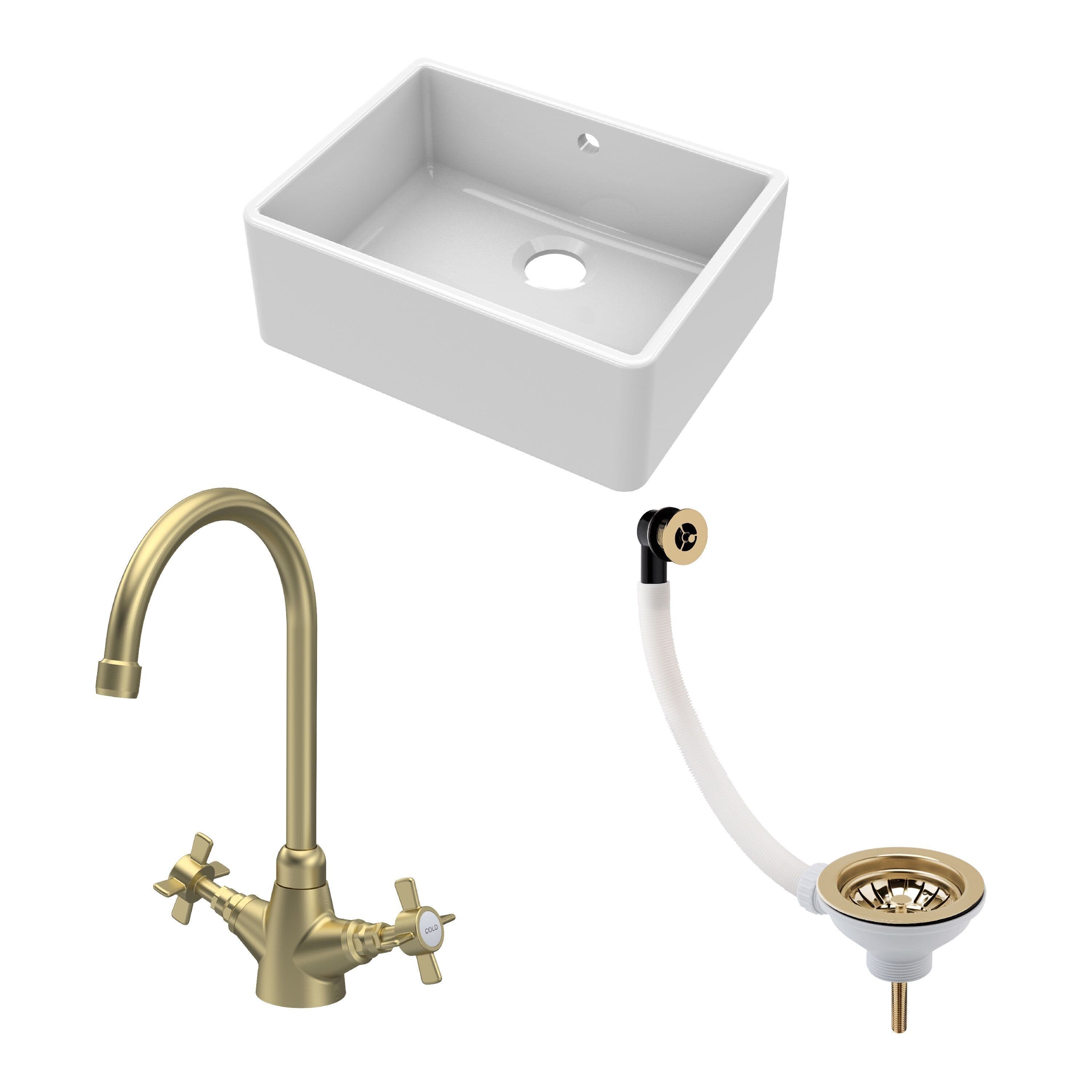 Fireclay 1 Bowl Butler Sink Overflow Waste Tap Brushed Brass 595mm