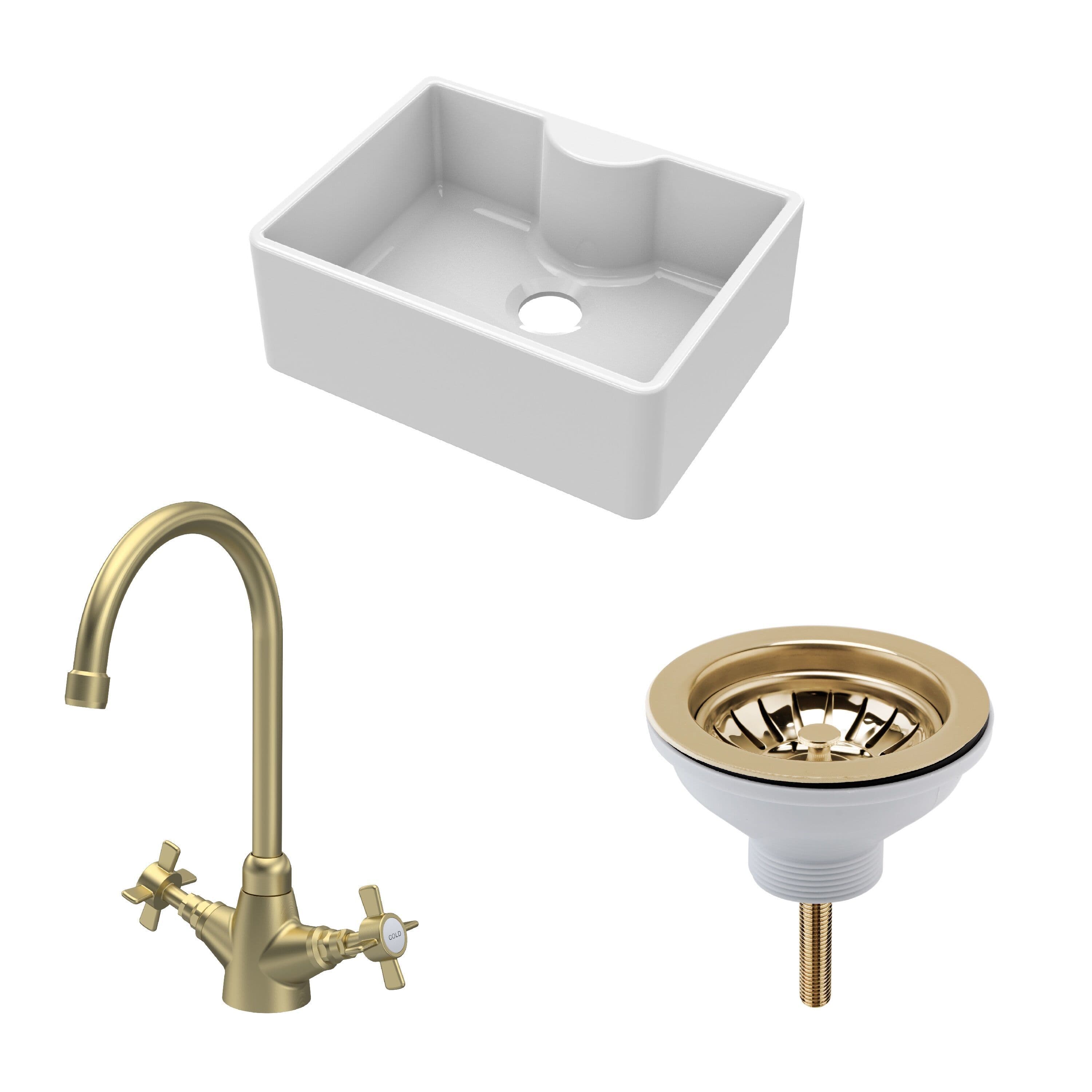 Fireclay 1 Bowl Butler Sink Tap Ledge Waste Tap Brushed Brass 595mm