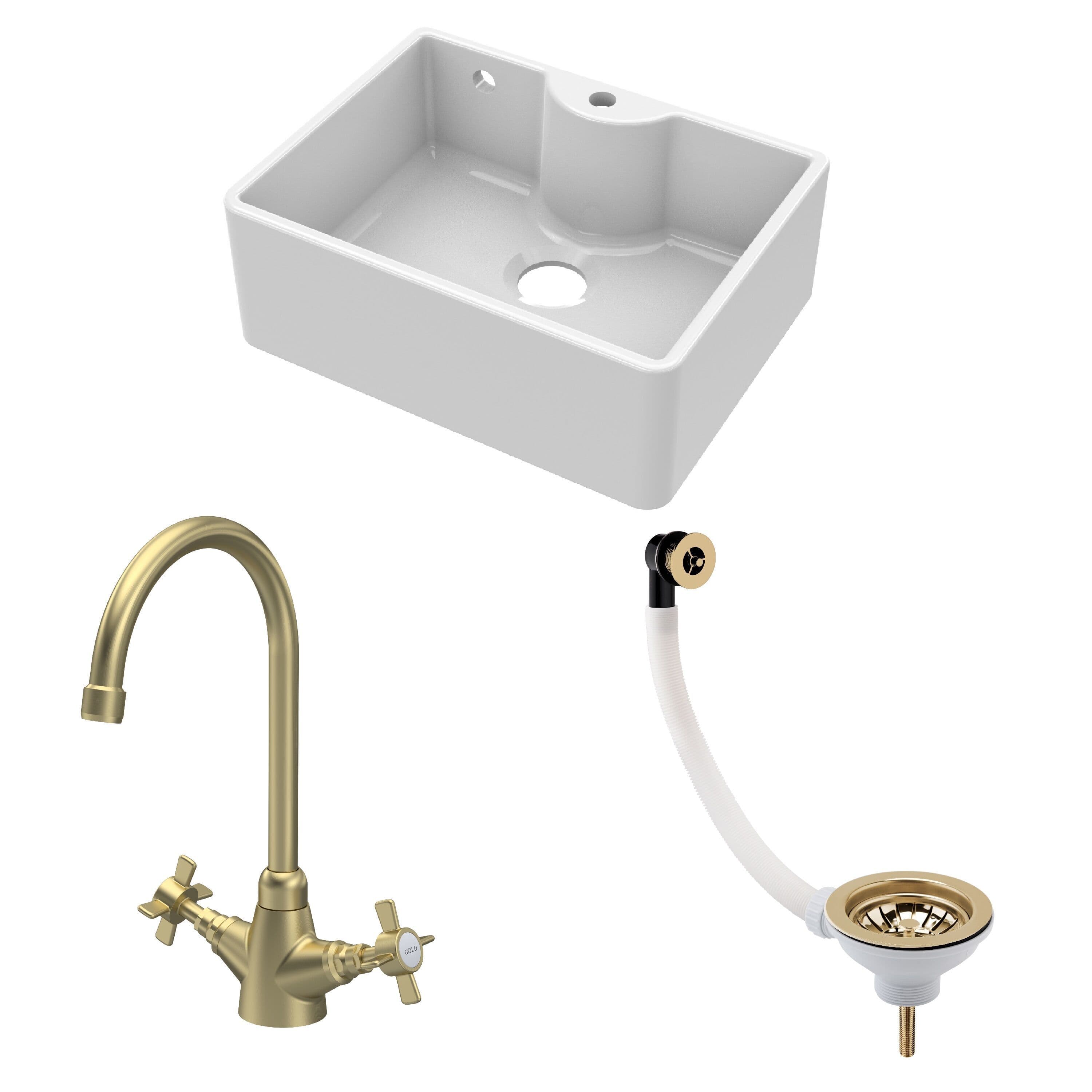 Fireclay 1 Bowl Butler Sink Waste Tap Brushed Brass 595mm