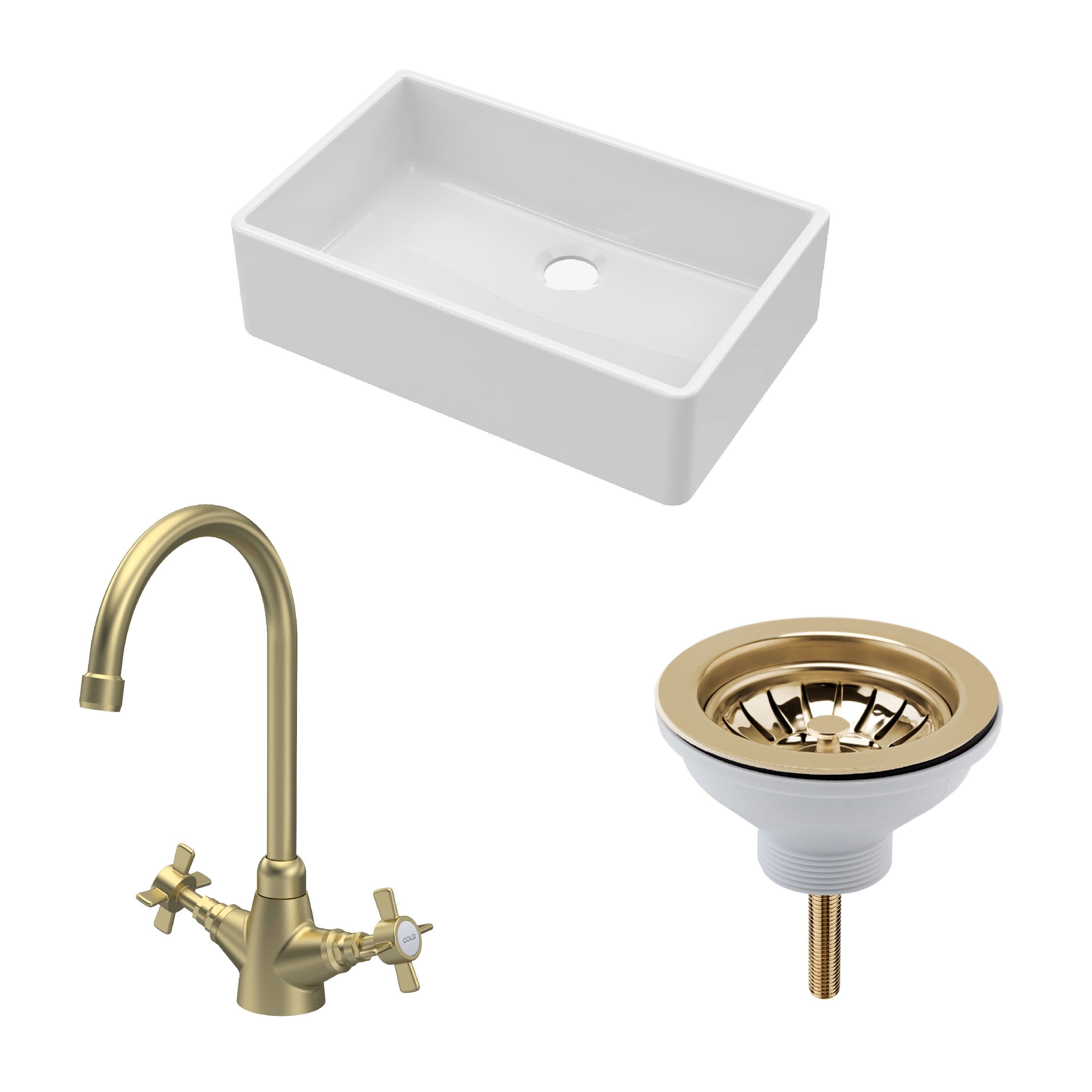 Fireclay 1 Bowl Butler Sink Waste Crosshead Tap Brushed Brass 795mm