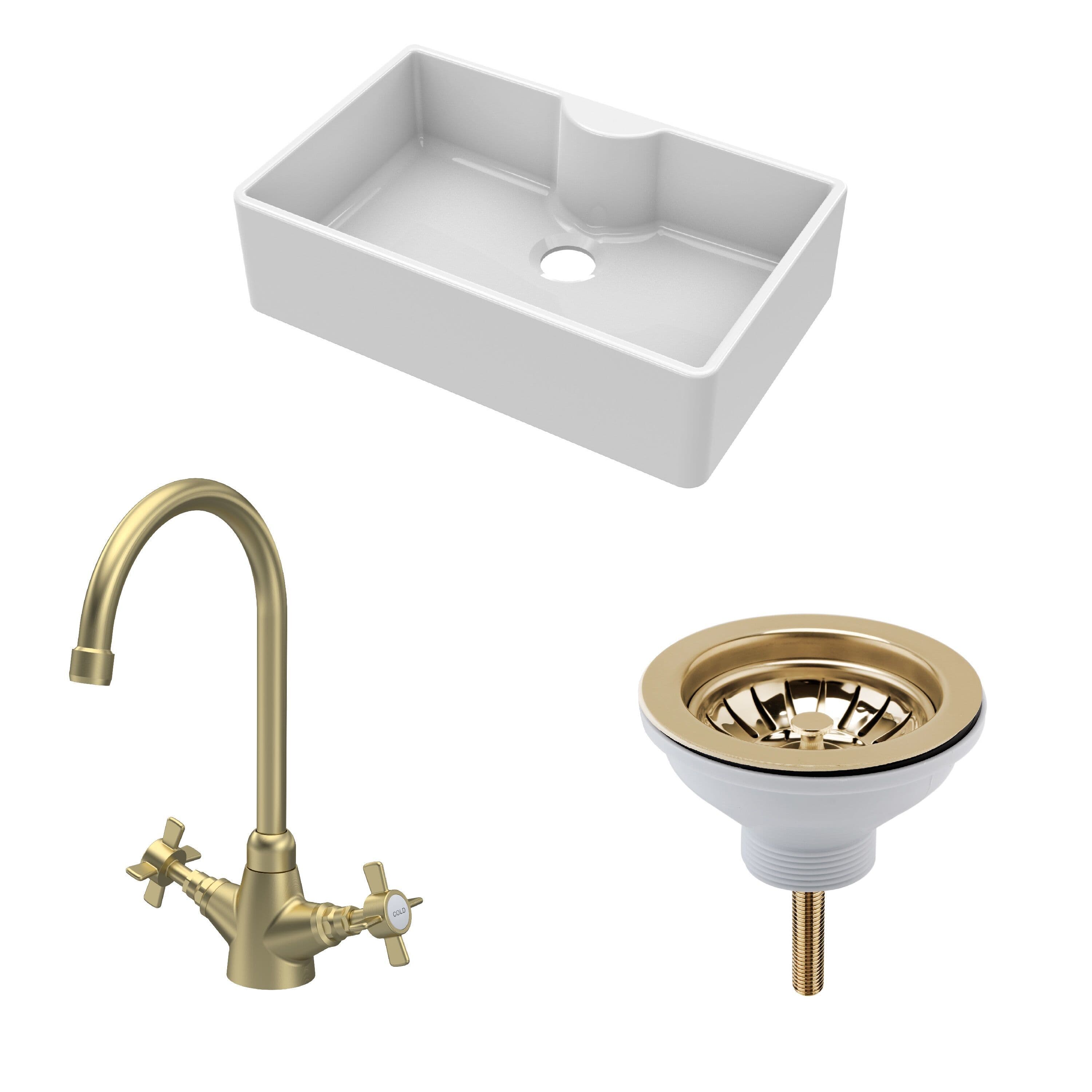 Fireclay 1 Bowl Butler Sink Tap Ledge Waste Tap Brushed Brass 795mm