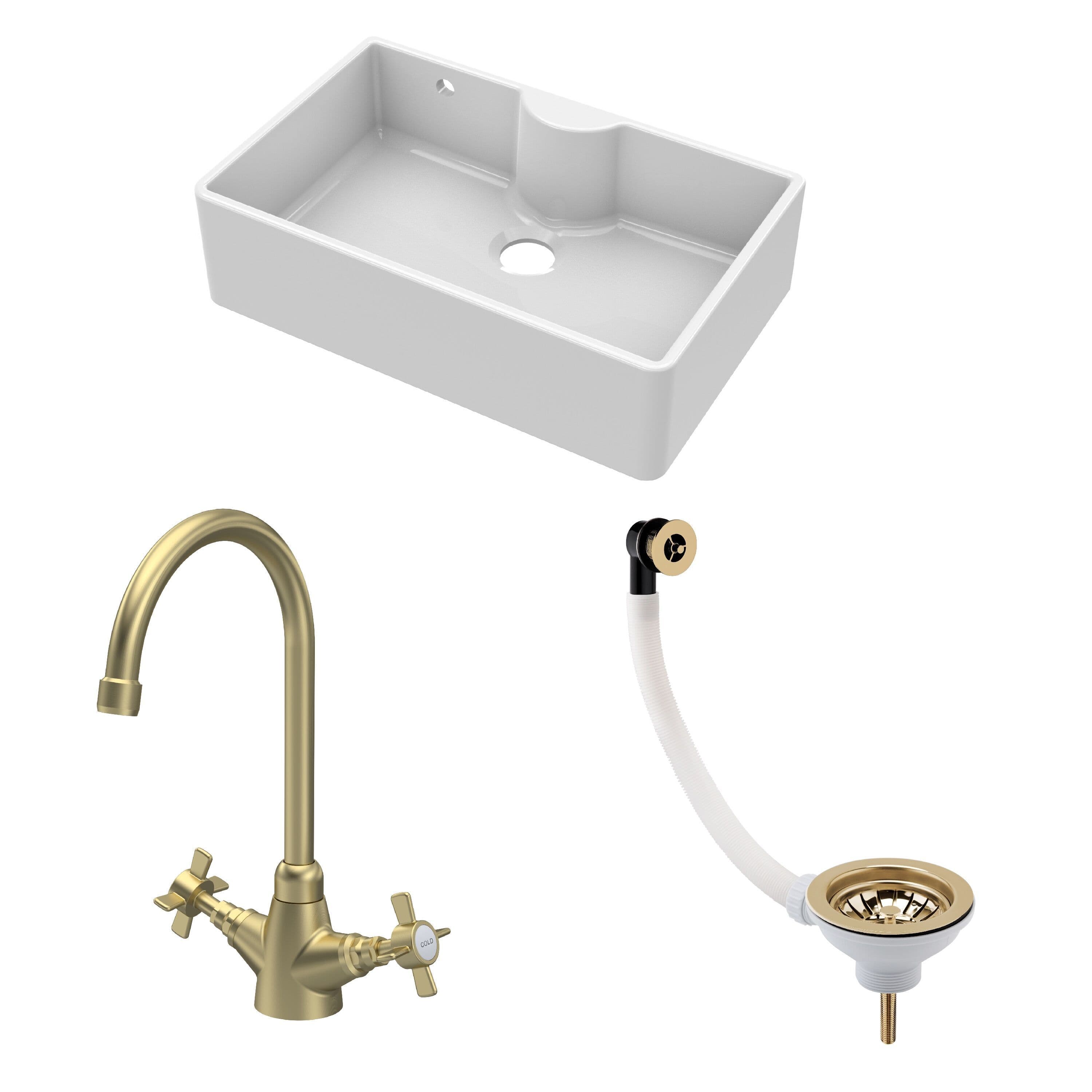 Fireclay 1 Bowl Butler Sink Overflow Waste Tap Brushed Brass 795mm