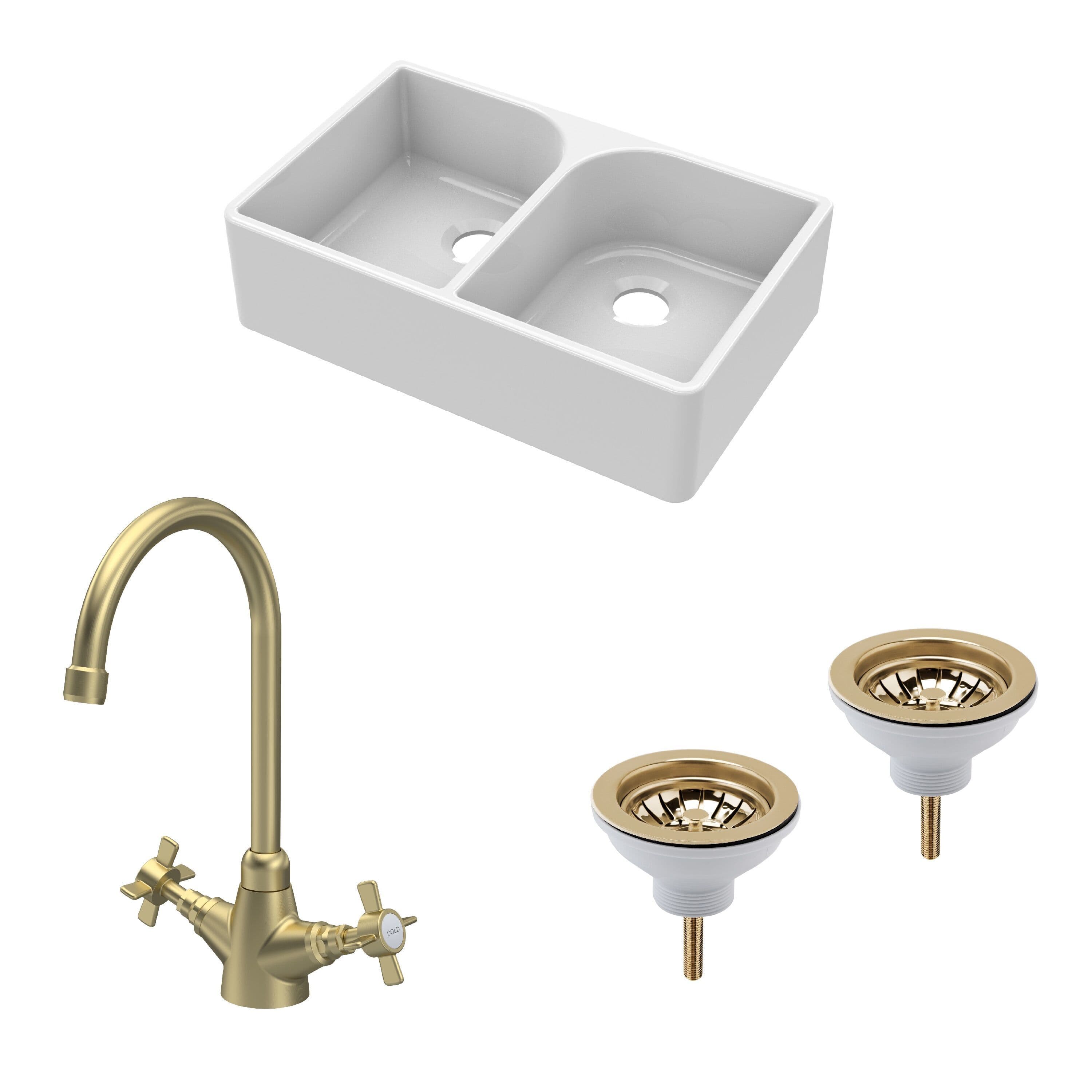 Fireclay 2 Bowl Full Weir Butler Sink Wastes Tap Brushed Brass 795mm