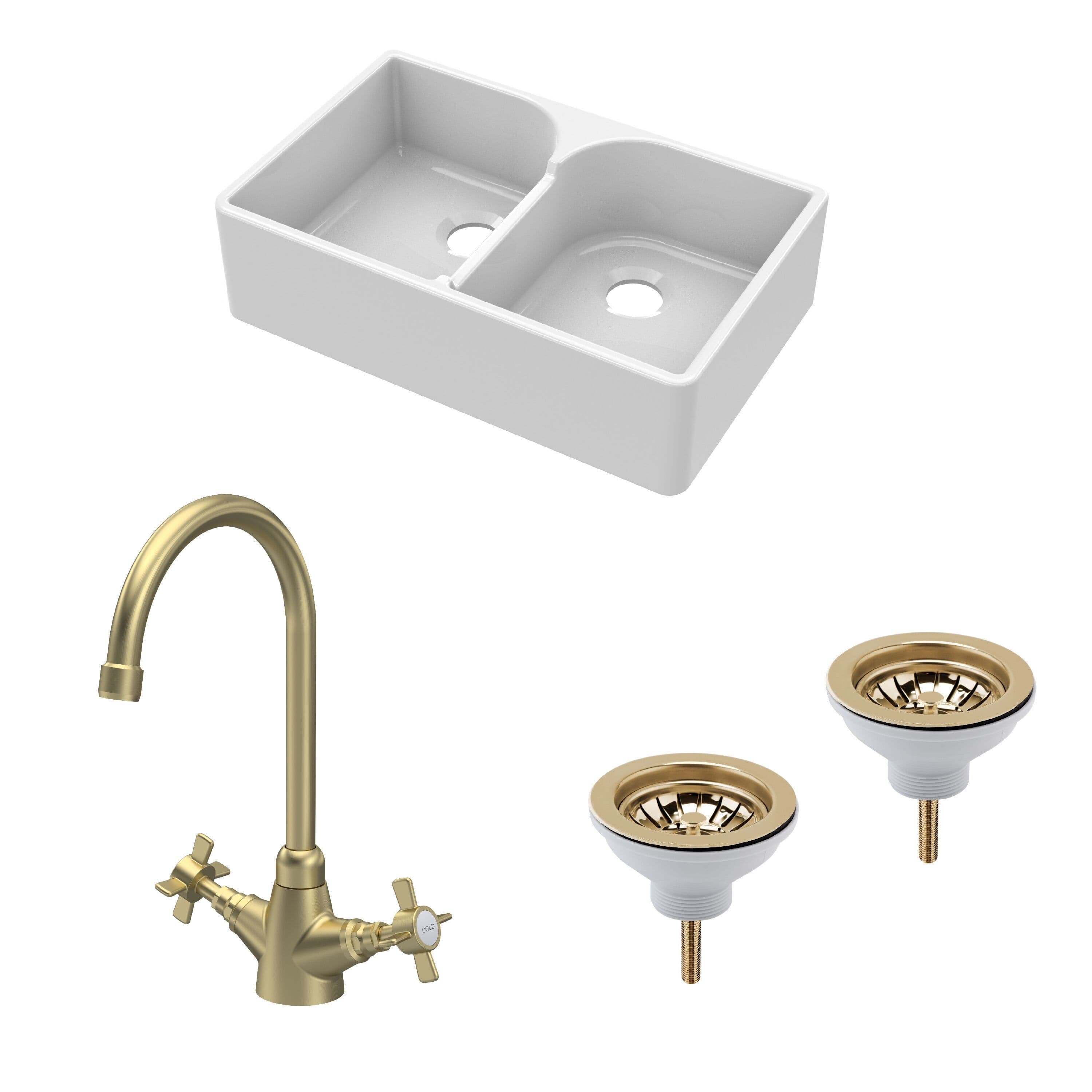 Fireclay 2 Bowl Stepped Weir Butler Sink Wastes Tap 795mm