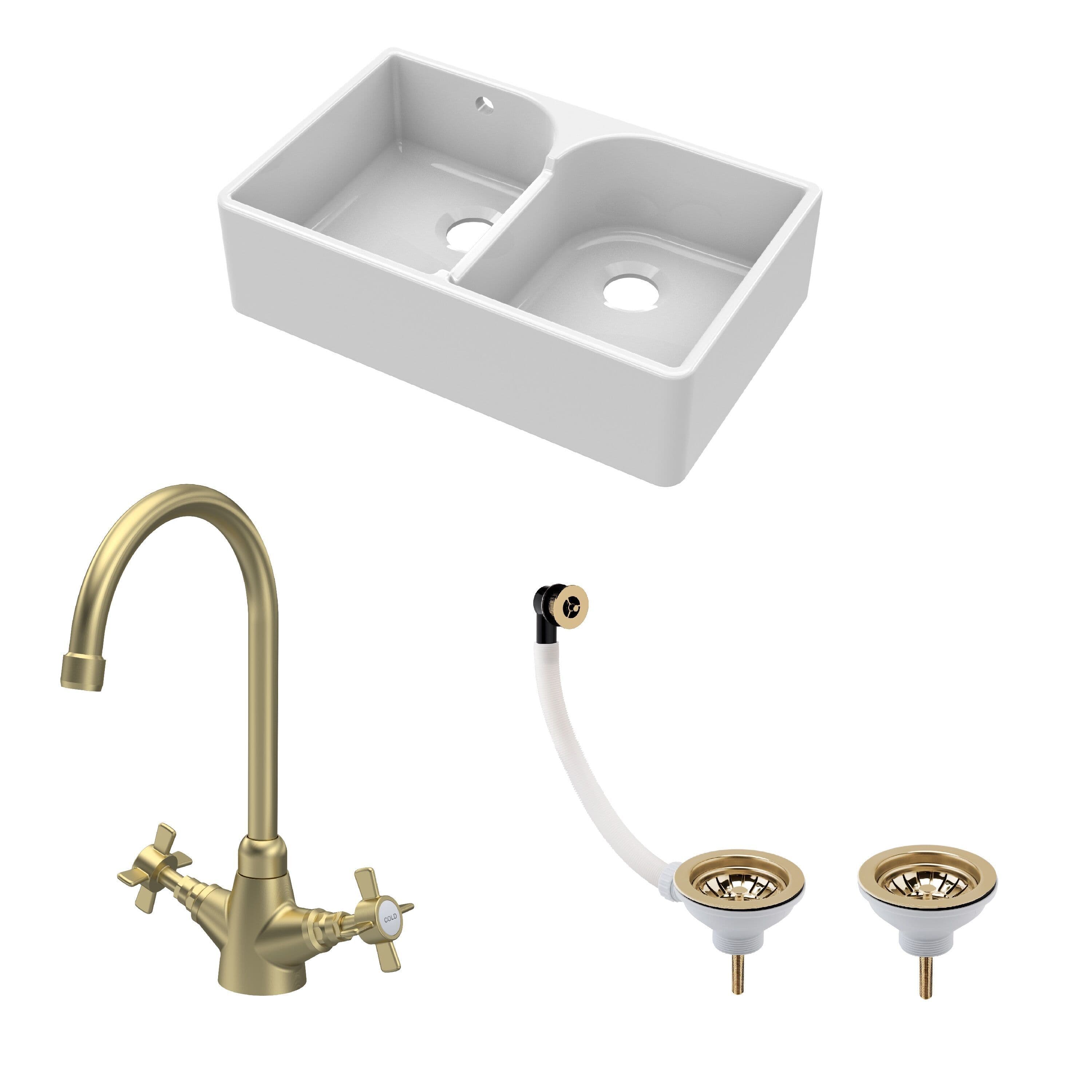 Fireclay 2 Bowl Stepped Weir Butler Sink Wastes Crosshead Tap 795mm