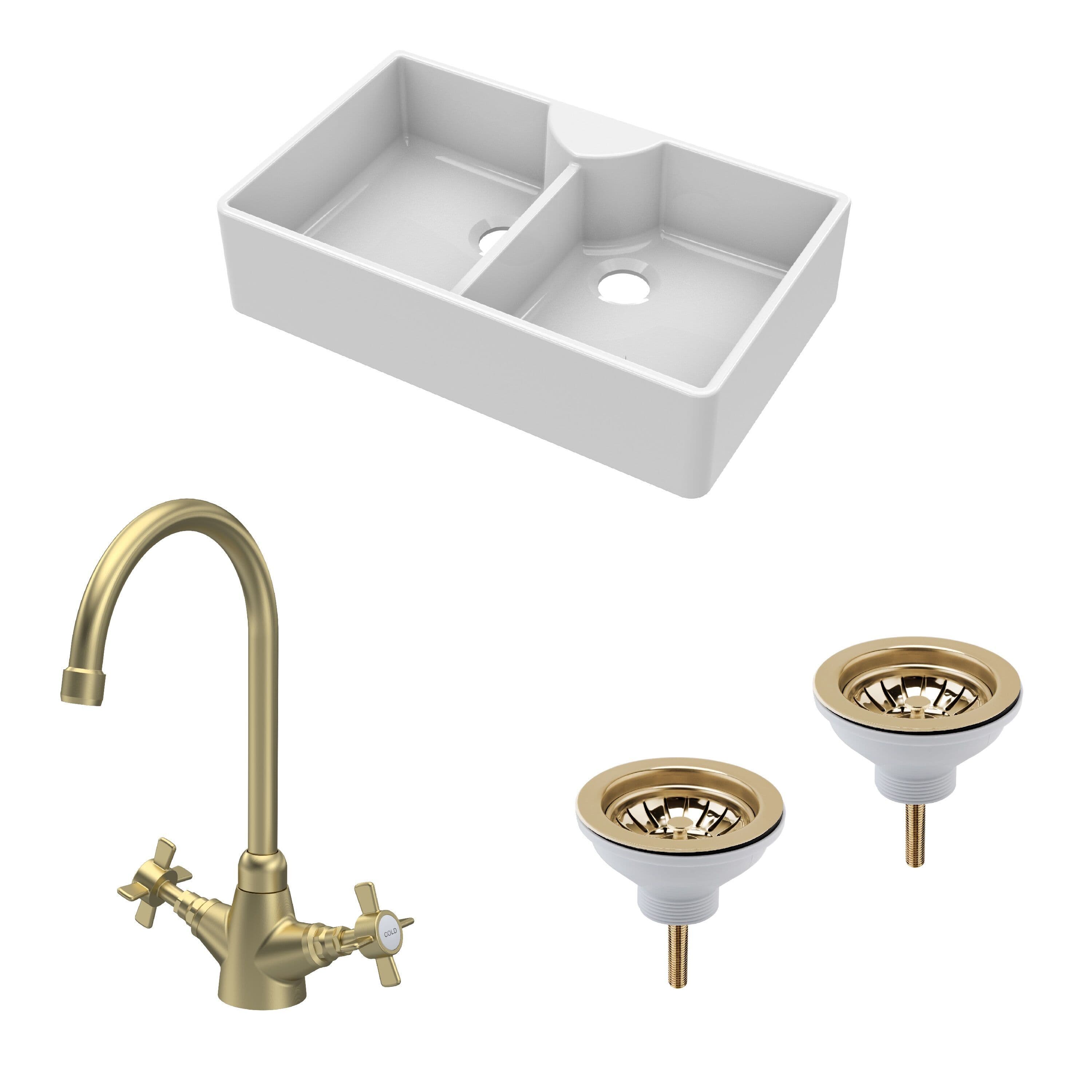 Fireclay 2 Bowl Butler Sink 2 x Wastes Mono Crosshead Tap 895mm
