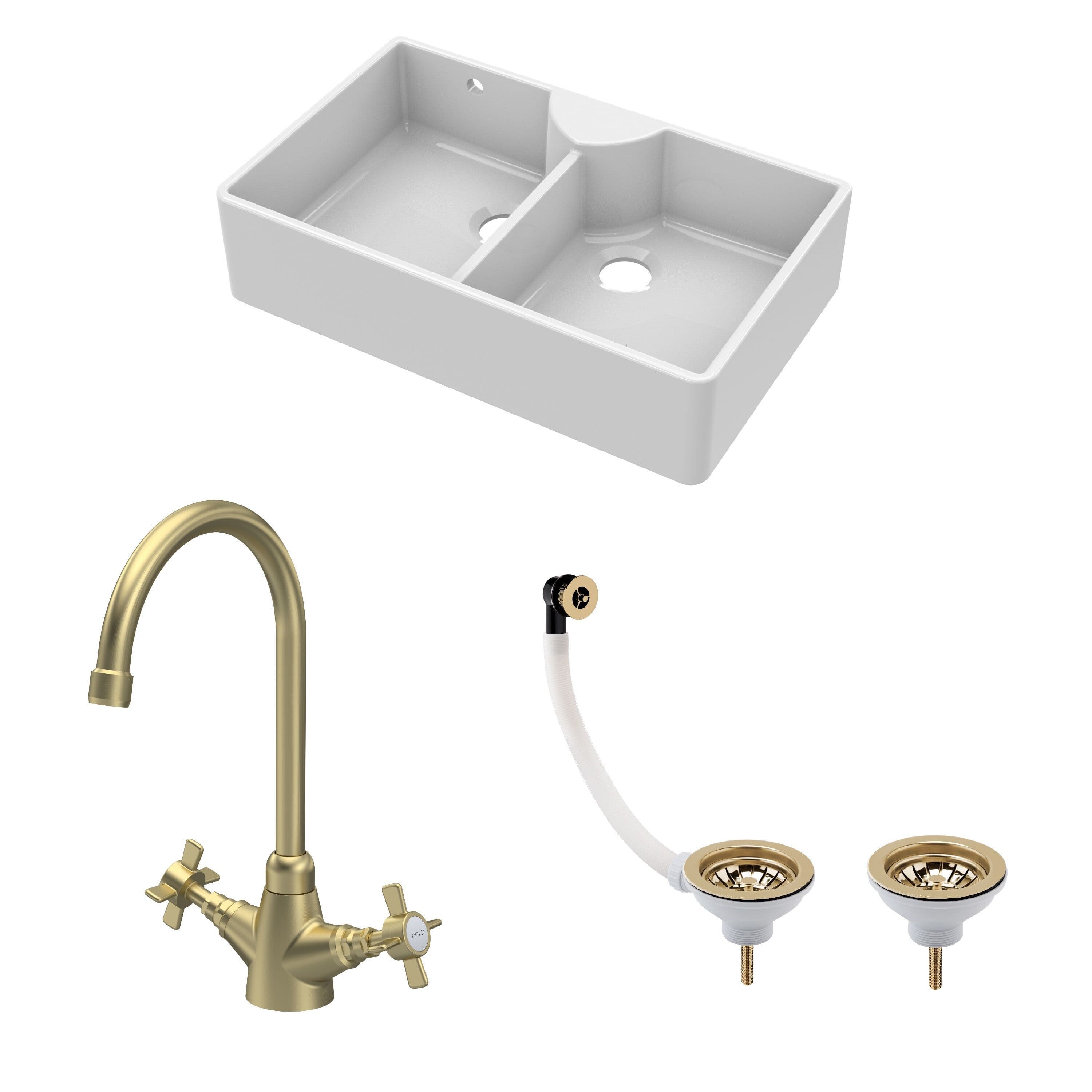 Fireclay 2 Bowl Stepped Weir Butler Sink WastesTap 895mm