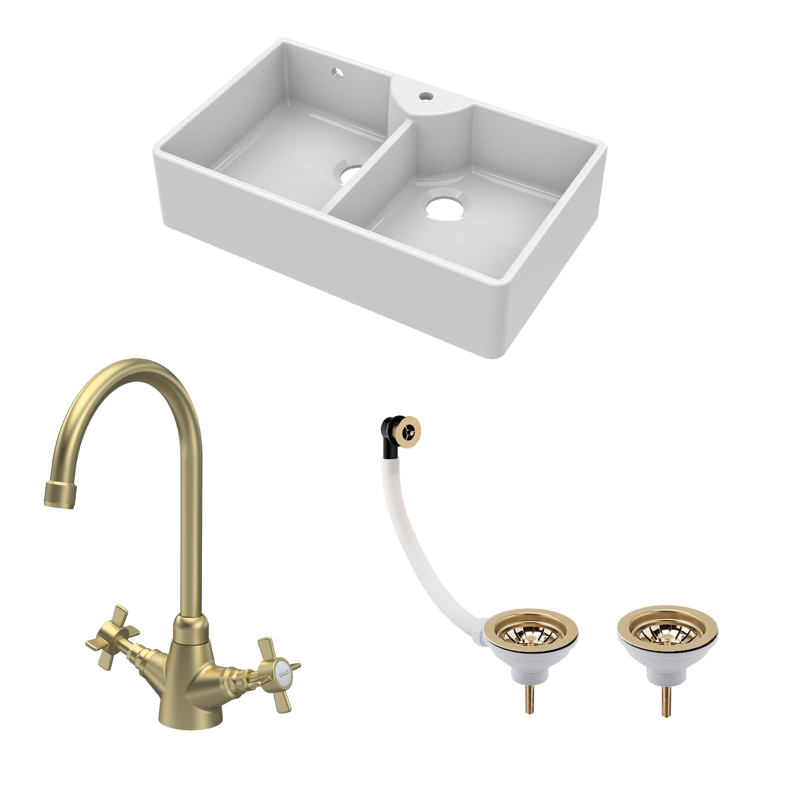 Fireclay 2 Bowl 1 Tap Hole Butler Sink Tap Hole Wastes Tap 895mm