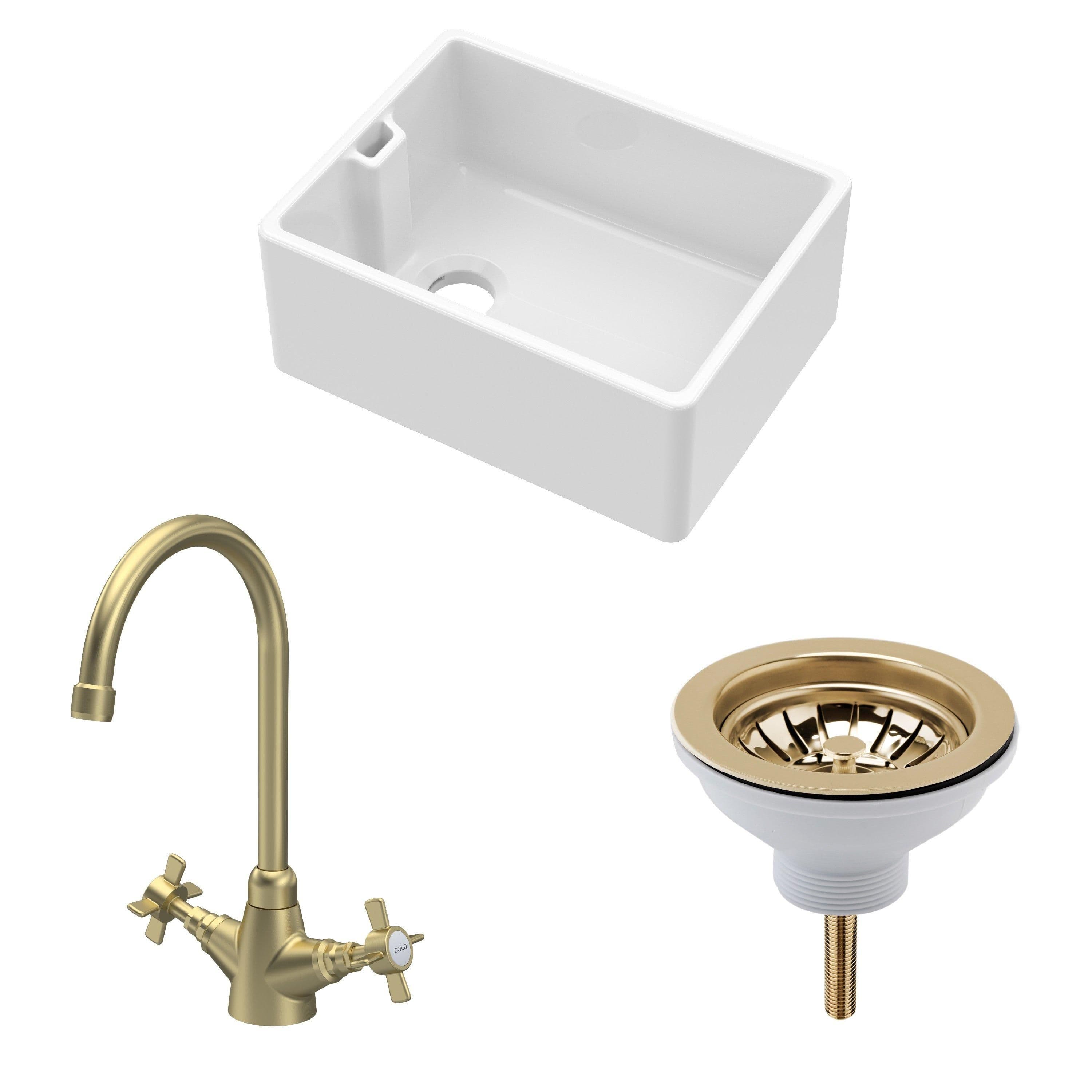 Fireclay 1 Bowl Belfast Sink Strainer Waste Tap Brushed Brass 595mm