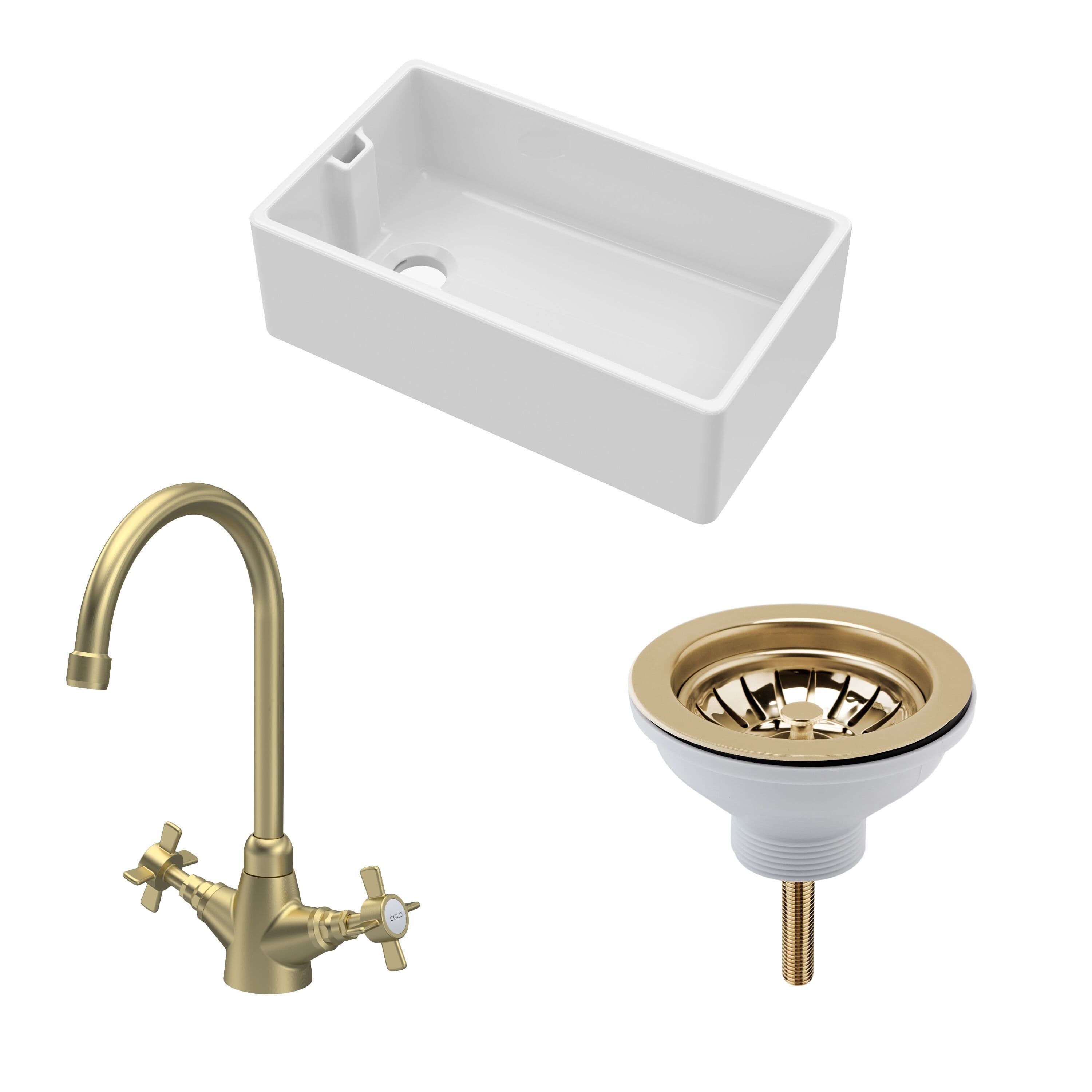 Fireclay 1 Bowl Belfast Sink Strainer Waste Tap Brushed Brass 795mm