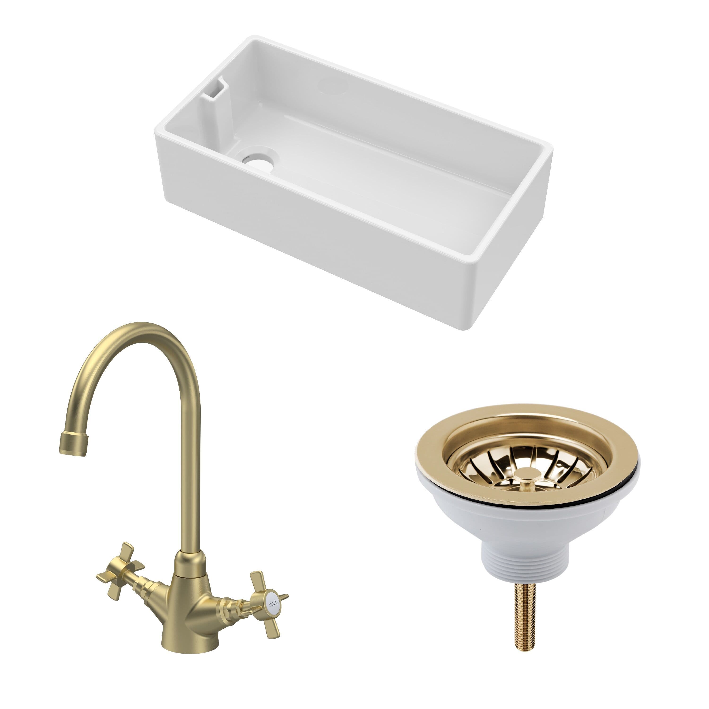 Fireclay 1 Bowl Belfast Sink Strainer Waste Tap Brushed Brass 895mm