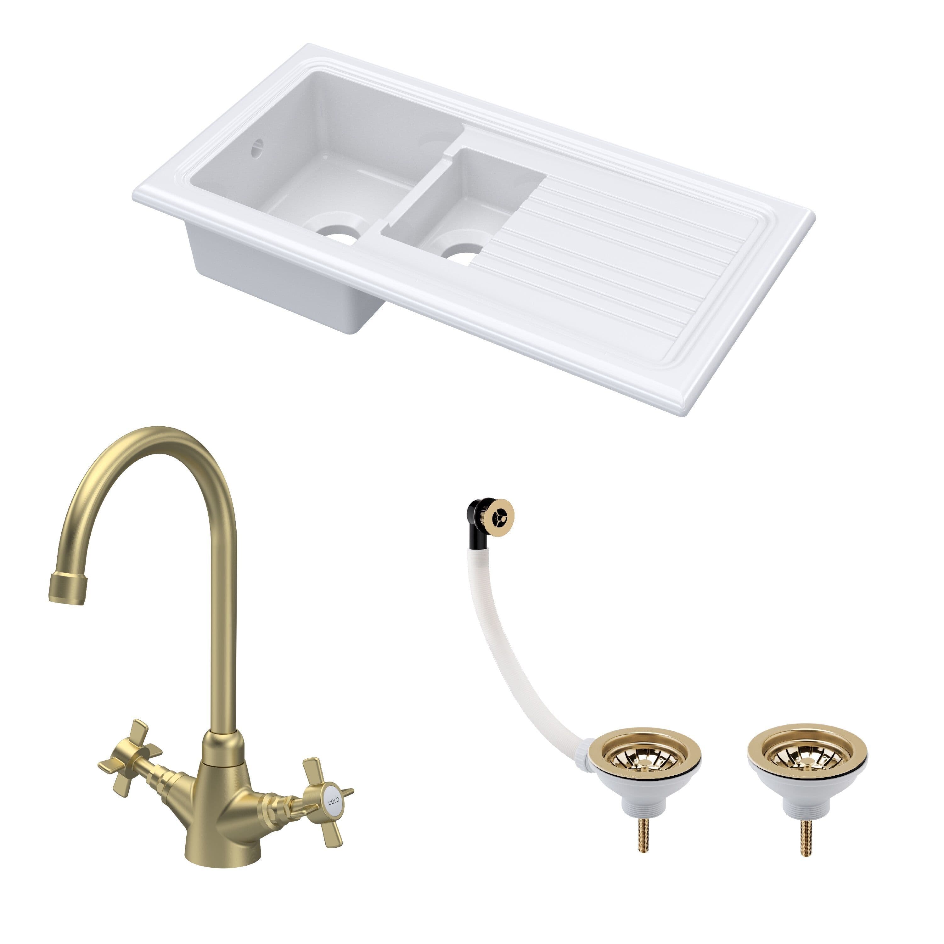 Fireclay 1.5 Bowl Sink Drainer Waste Tap Brushed Brass 1010mm
