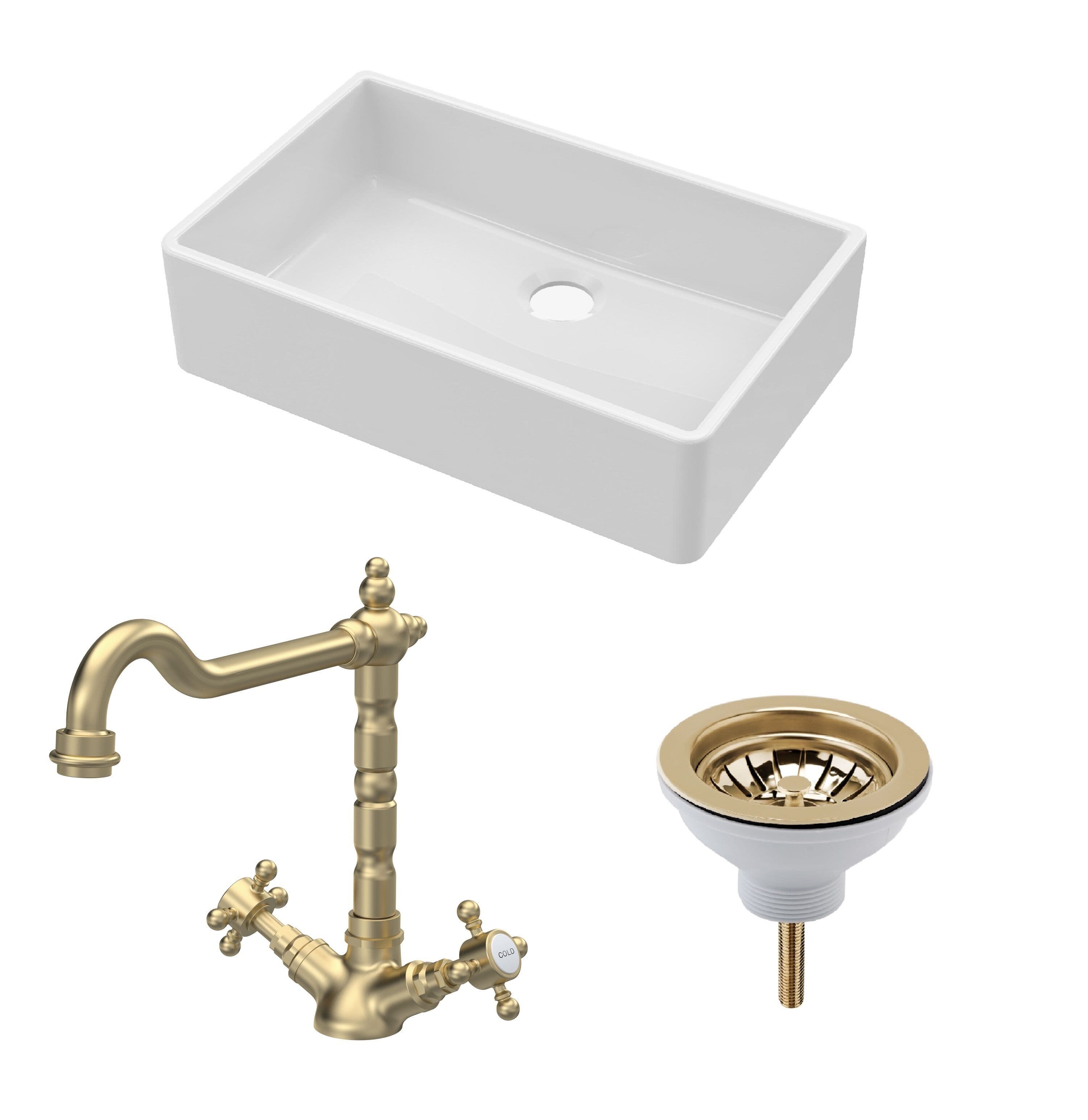 Fireclay 1 Bowl Butler Sink Waste Classic Tap Brushed Brass 795mm
