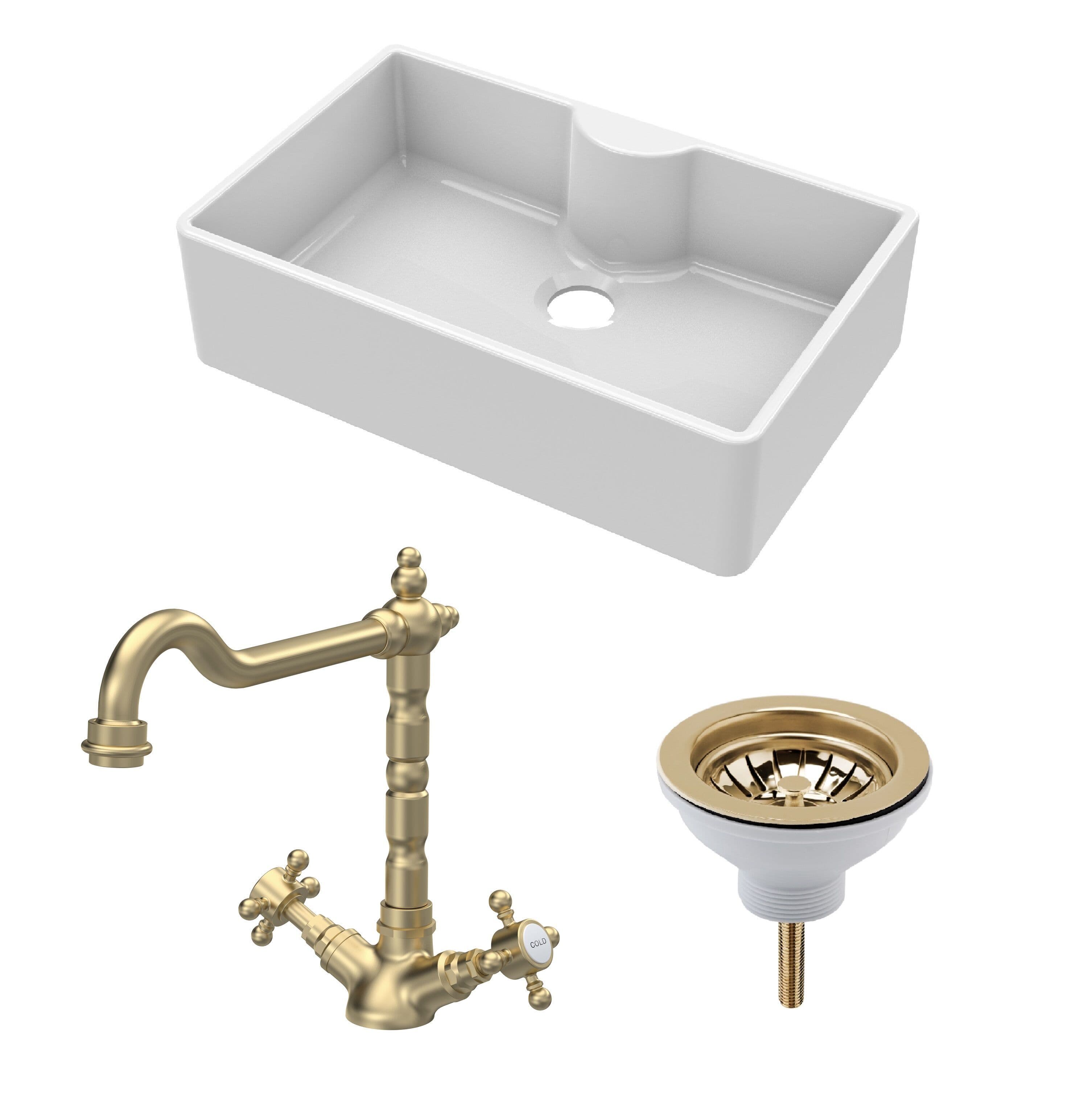Fireclay 1 Bowl Butler Sink Tap Ledge Waste Tap Brushed Brass 795mm