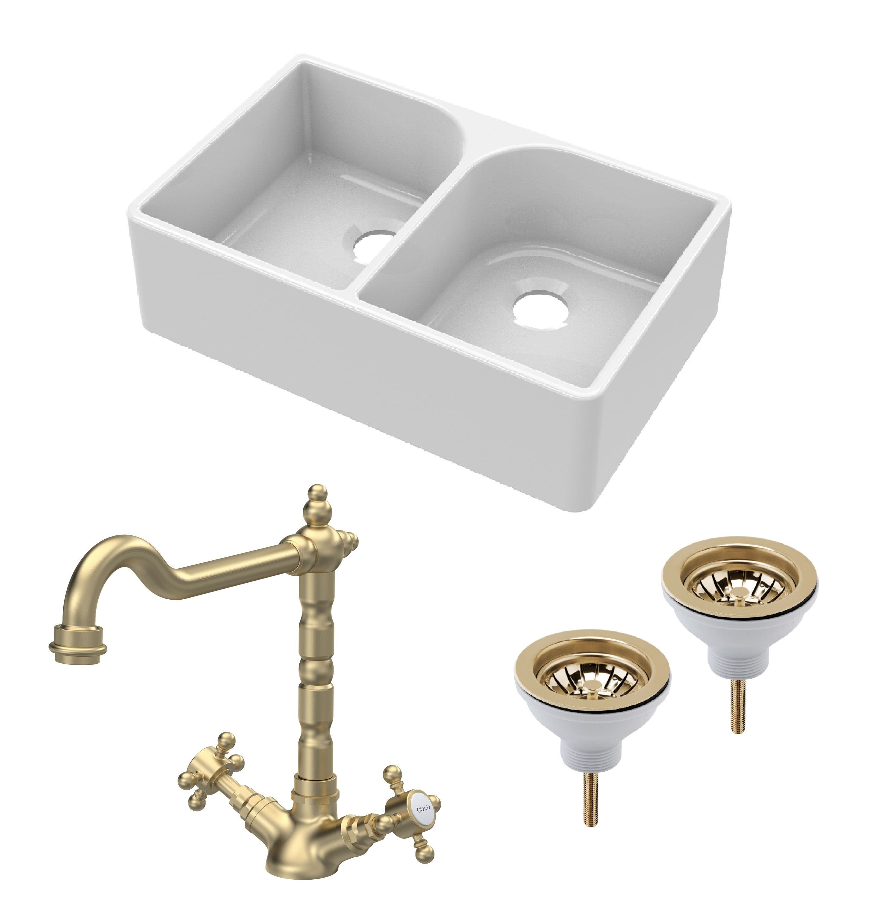 Fireclay 2 Bowl Full Weir Butler Sink Wastes Tap Brushed Brass 795mm