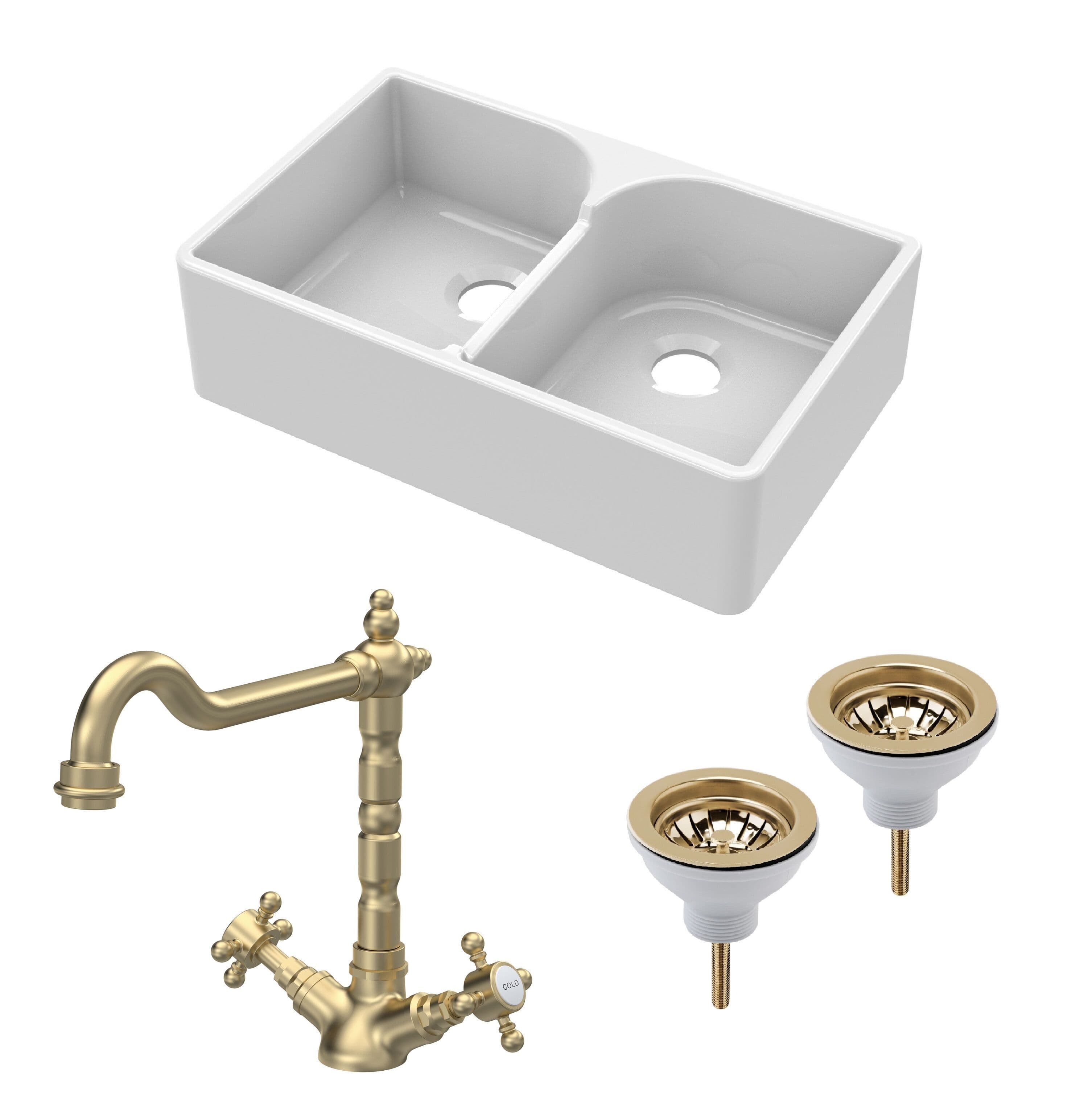 2 Bowl Stepped Weir Butler Sink Wastes Tap Brushed Brass 795mm
