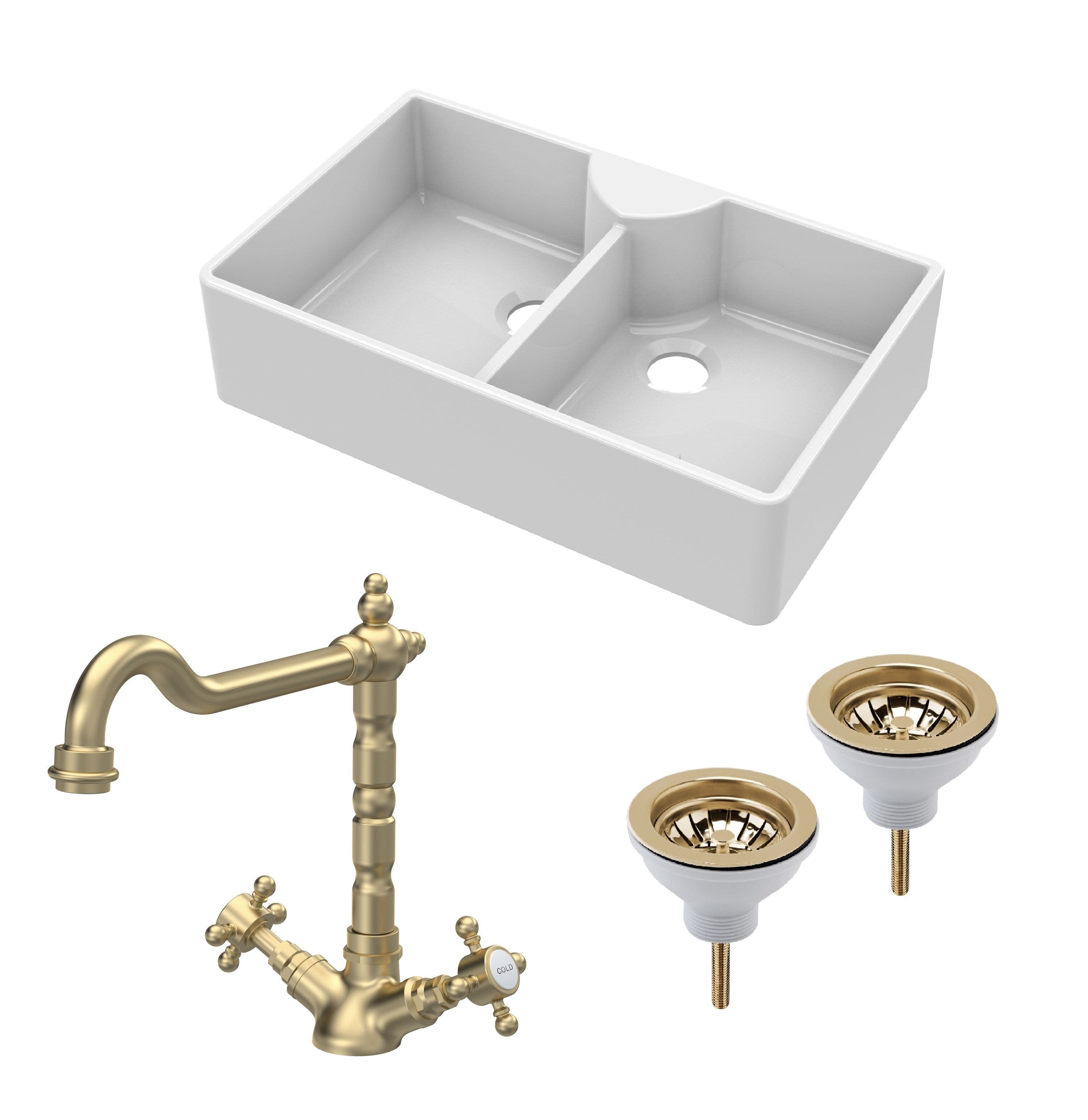 Fireclay 2 Bowl Butler Sink 2 x Wastes Tap 895mm