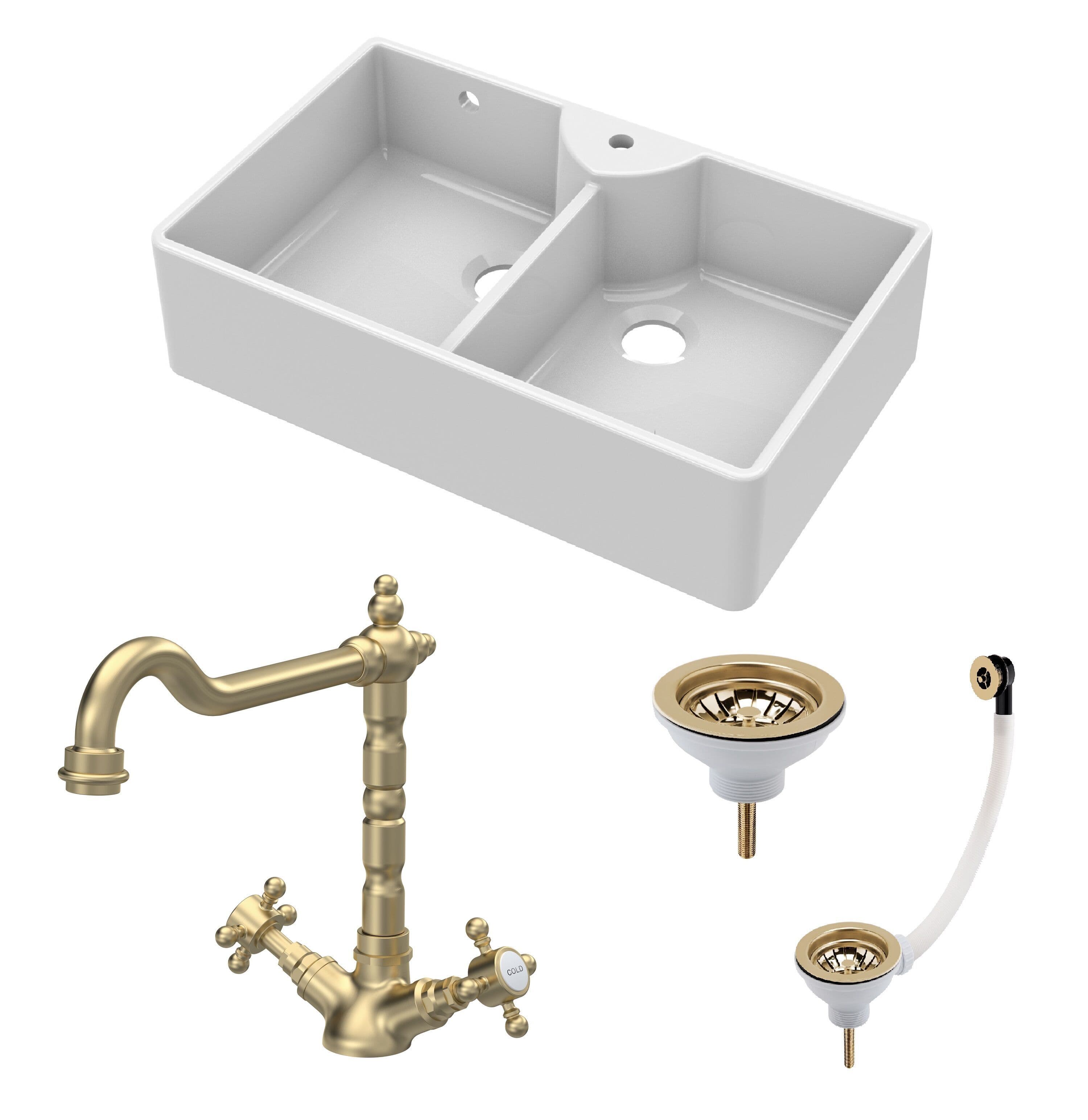 Fireclay 2 Bowl 1 Tap Hole Butler Sink Wastes Tap Brushed Brass 895mm
