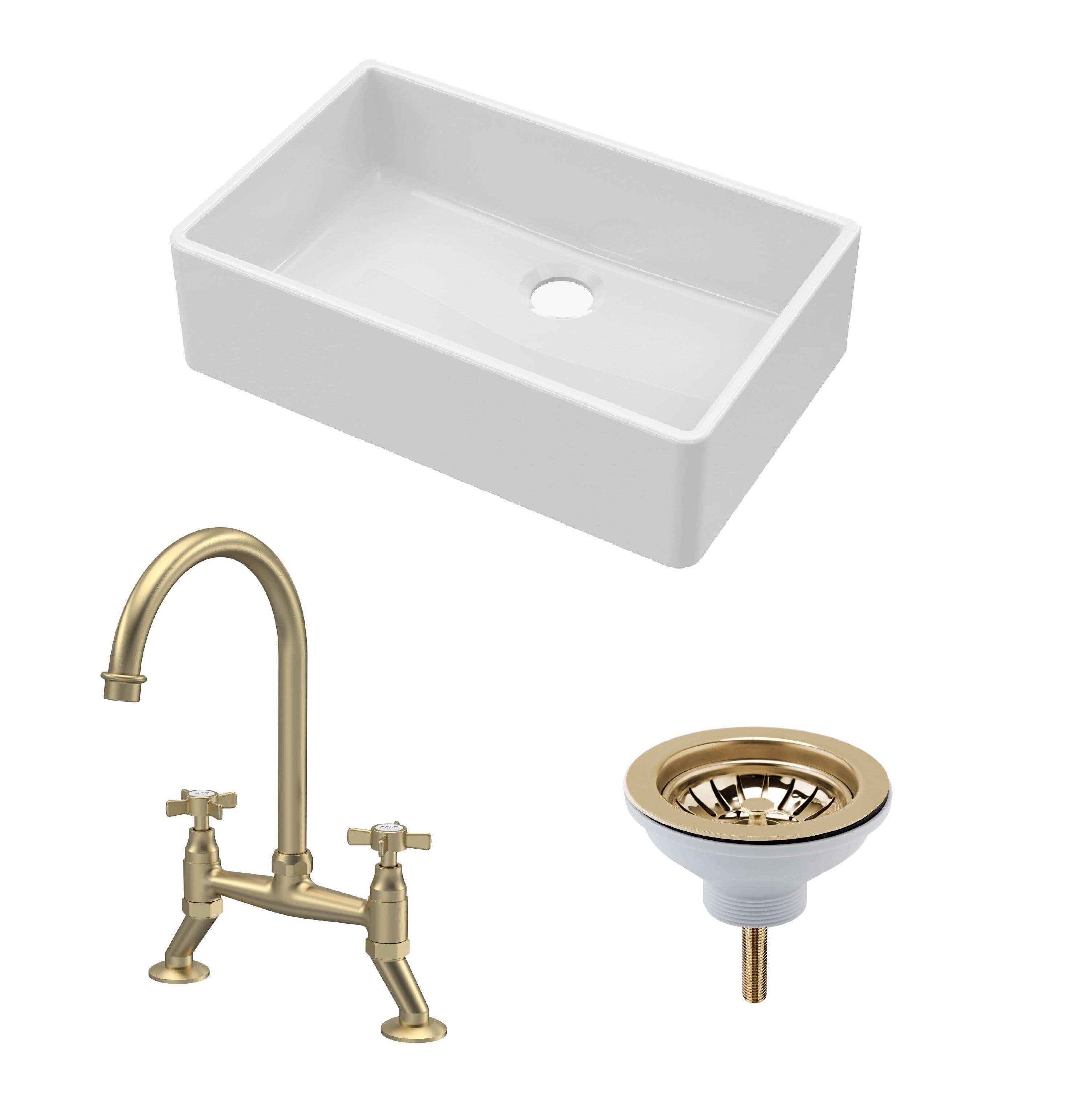 Fireclay 1 Bowl Butler Sink Waste Tap Brushed Brass 795mm