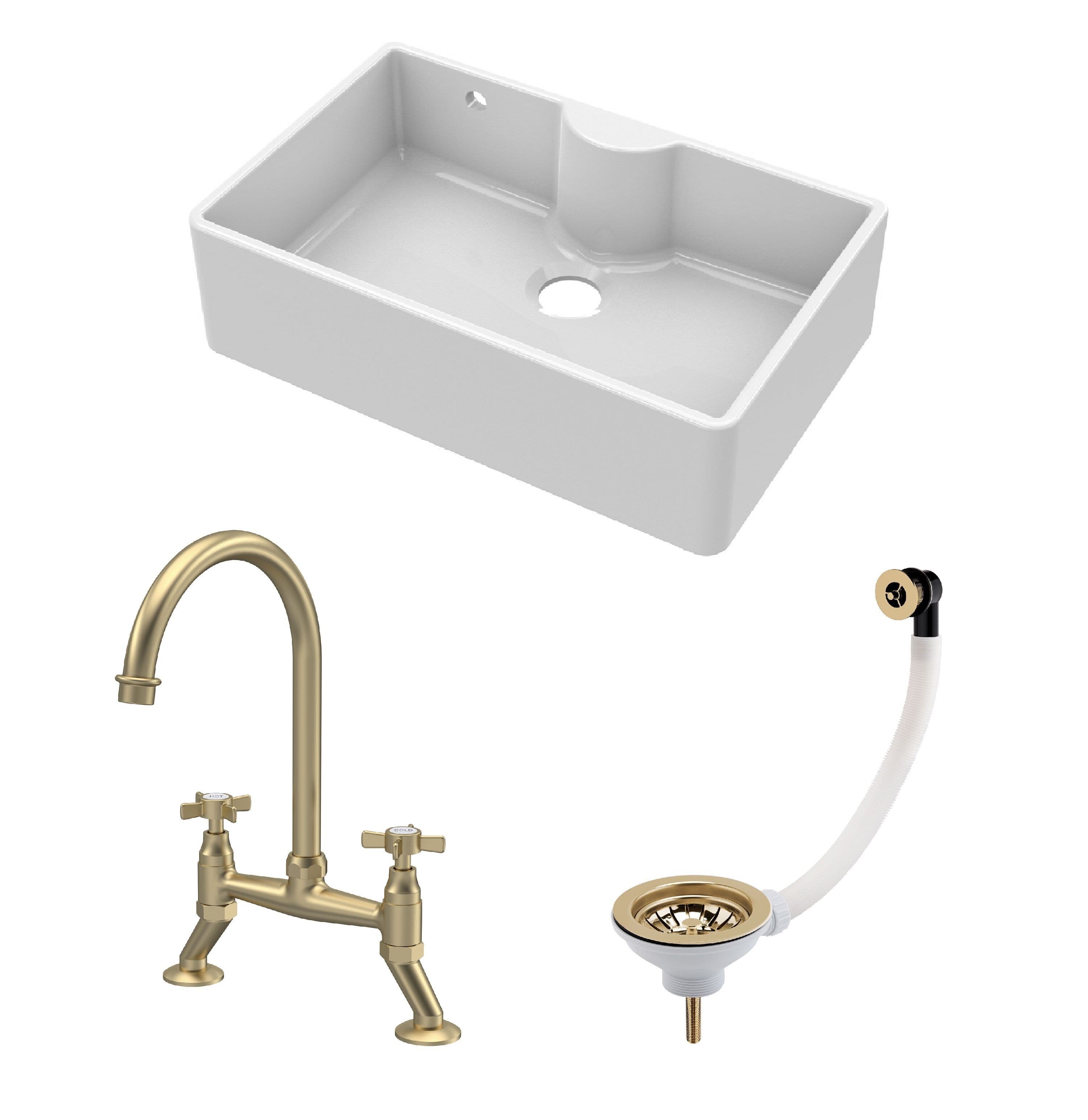 Fireclay 1 Bowl Butler Sink Overflow Waste Tap Brushed Brass 795mm