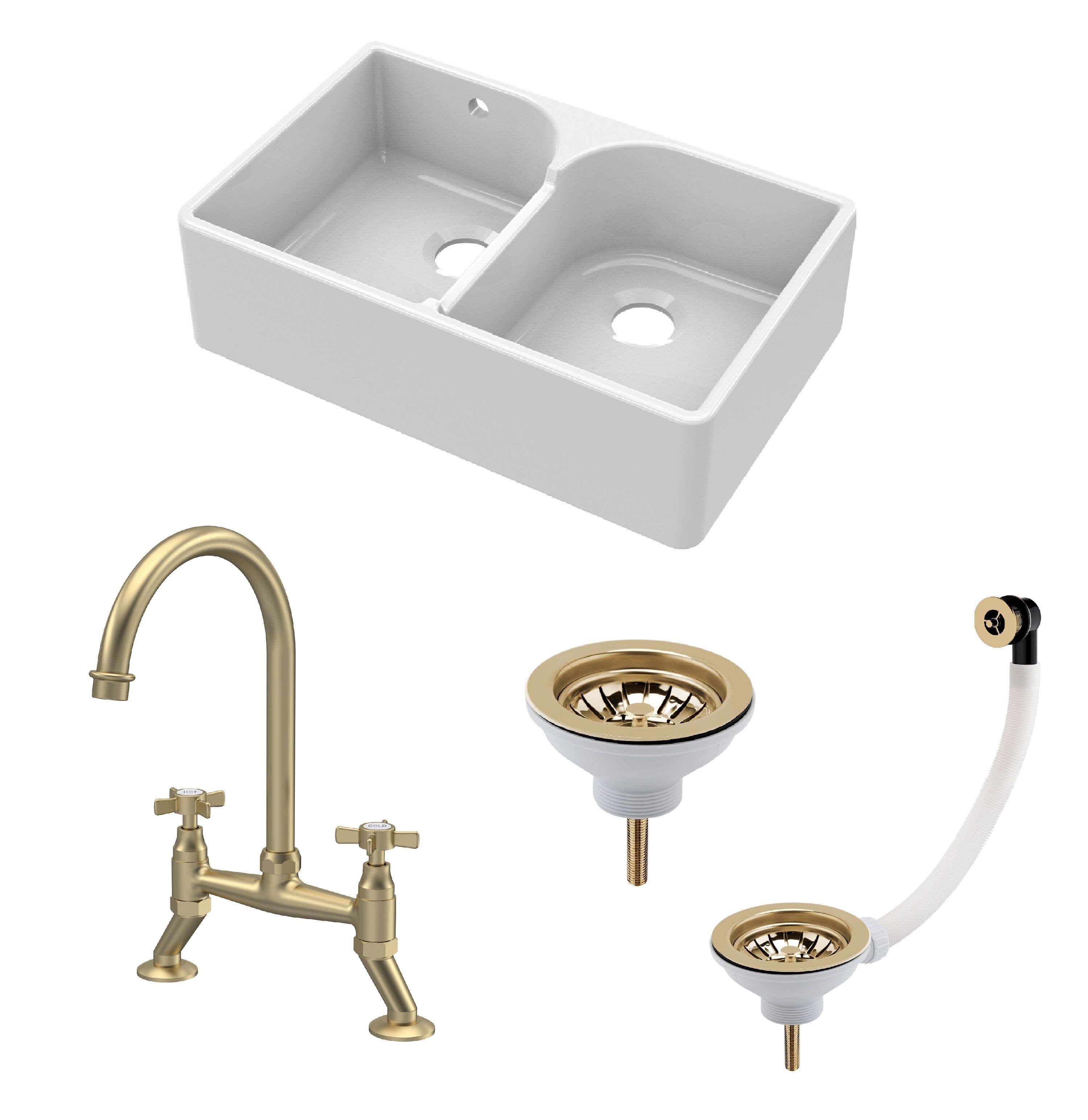 2 Bowl Stepped Weir Fireclay Butler Sink Wastes Tap 795mm