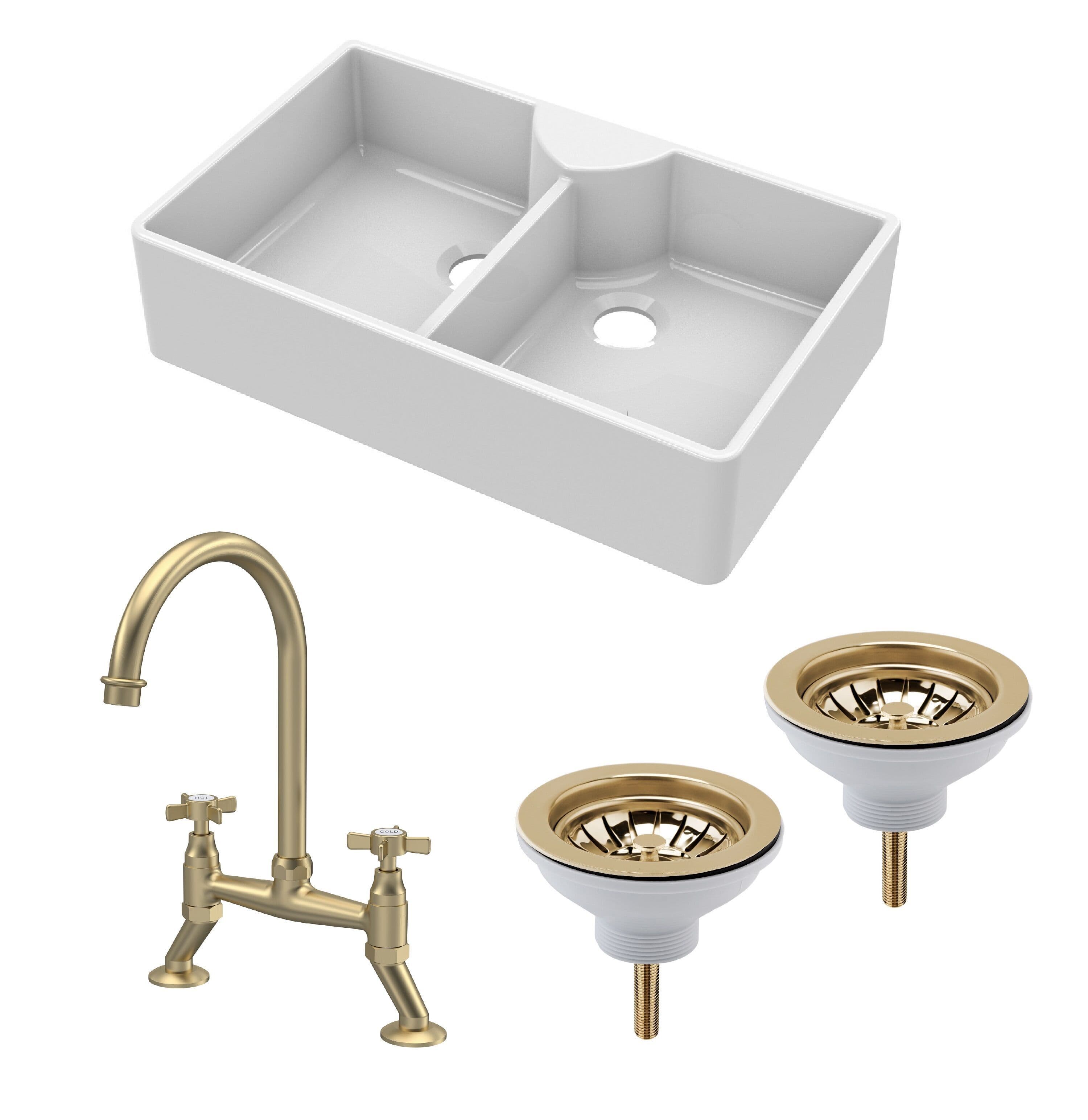 Fireclay 2 Bowl Butler Sink 2 x Wastes Bridge Crosshead Tap 895mm