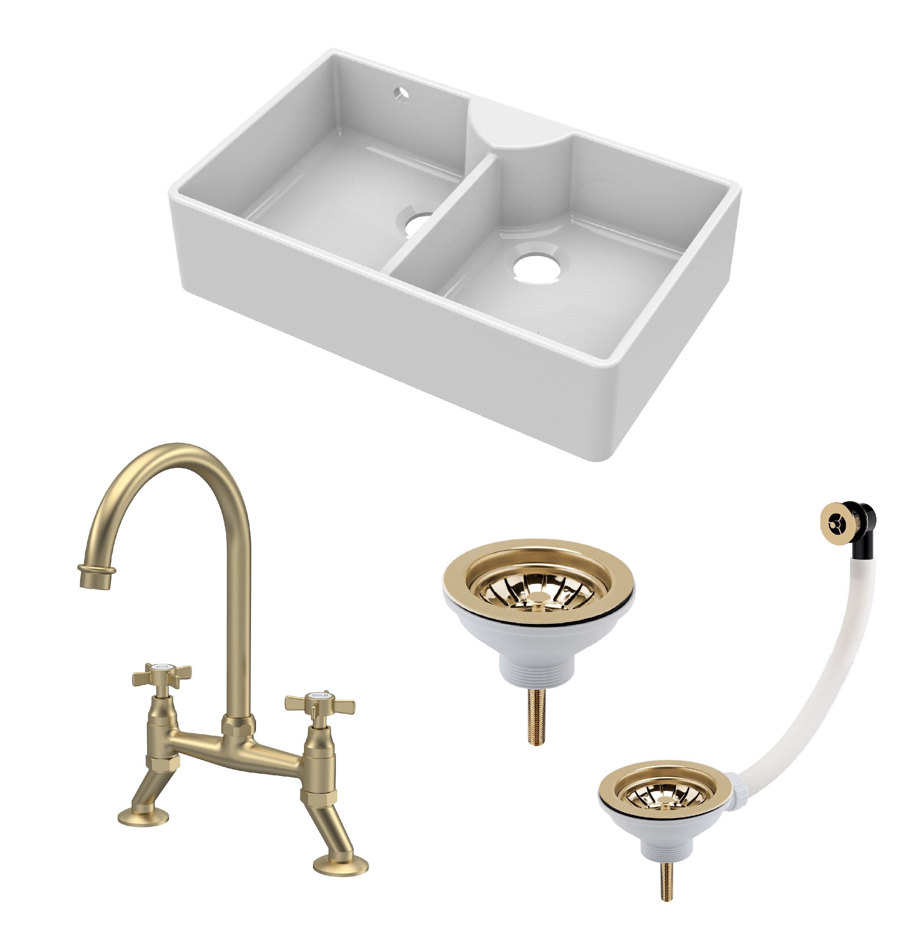 Double Bowl Fireclay Kitchen Sink Tap Wastes Brushed Brass 895mm