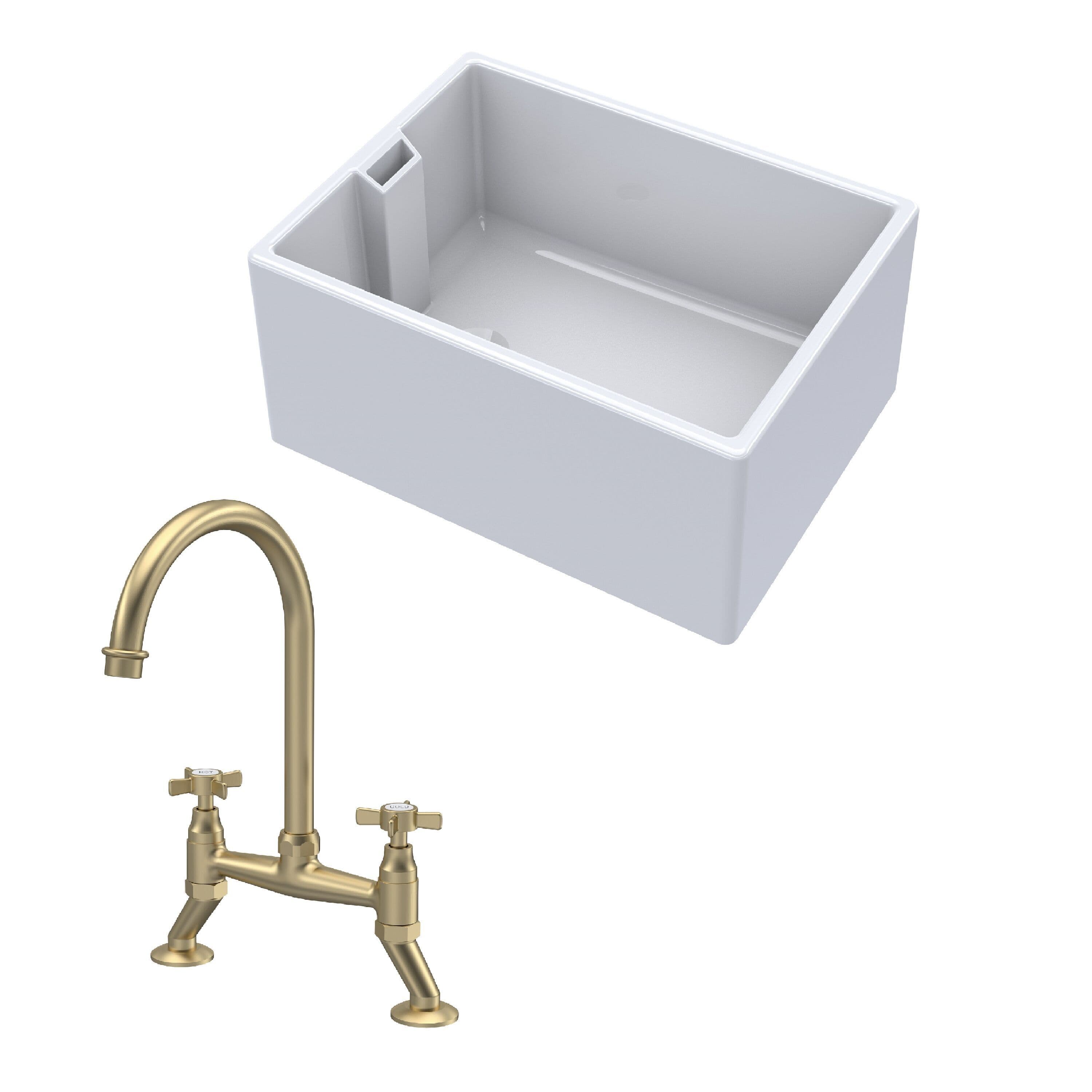 Fireclay 1 Bowl Belfast Sink Tap Brushed Brass 615mm