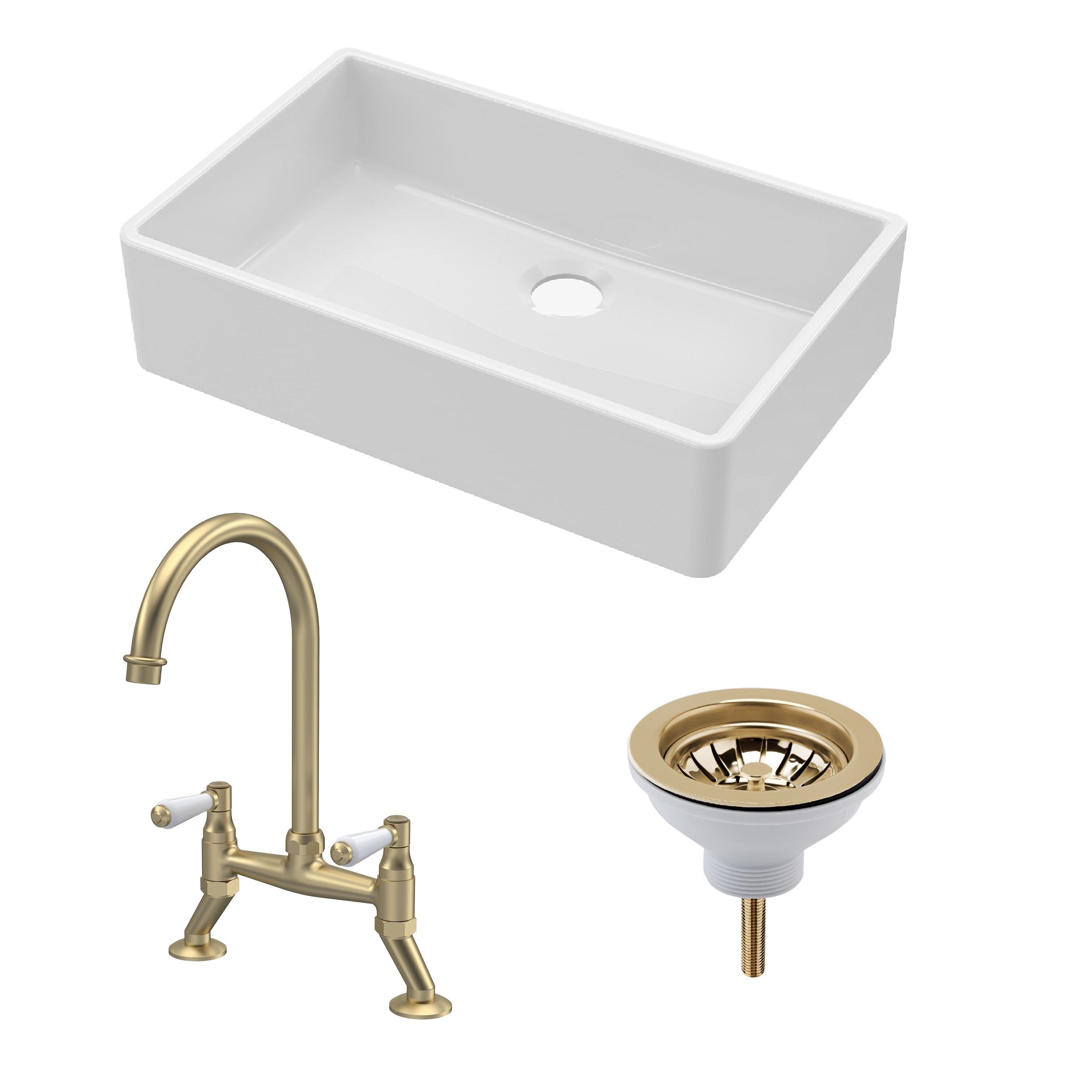 Fireclay 1 Bowl Butler Sink Waste Mixer Tap Brushed Brass 795mm