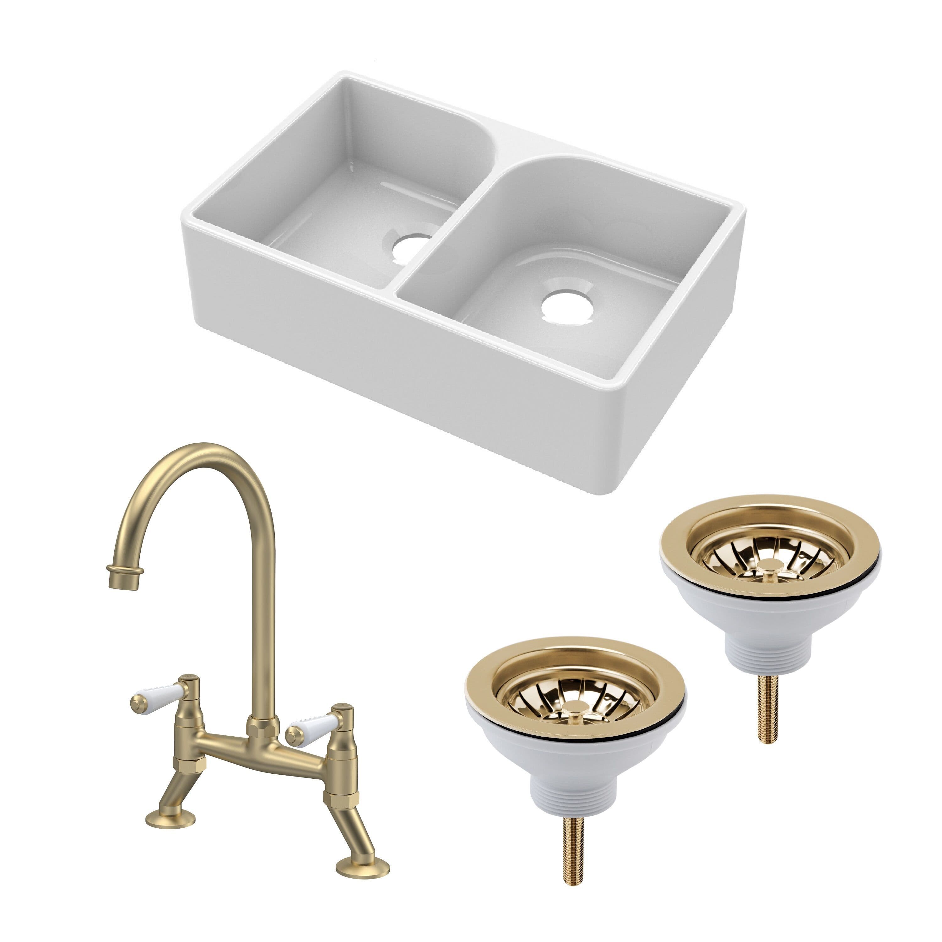 Double Bowl Fireclay Butler Sink Tap Wastes Brushed Brass 795mm