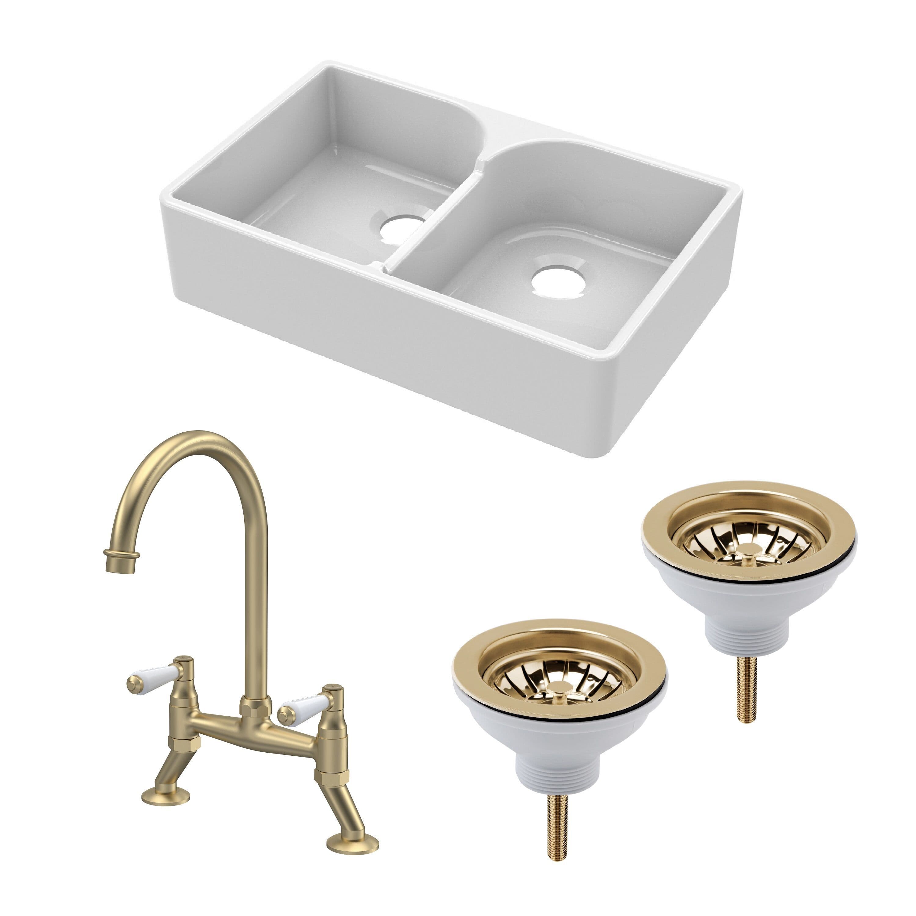 Fireclay 2 Bowl Stepped Weir Butler Sink Wastes Bridge Tap 795mm