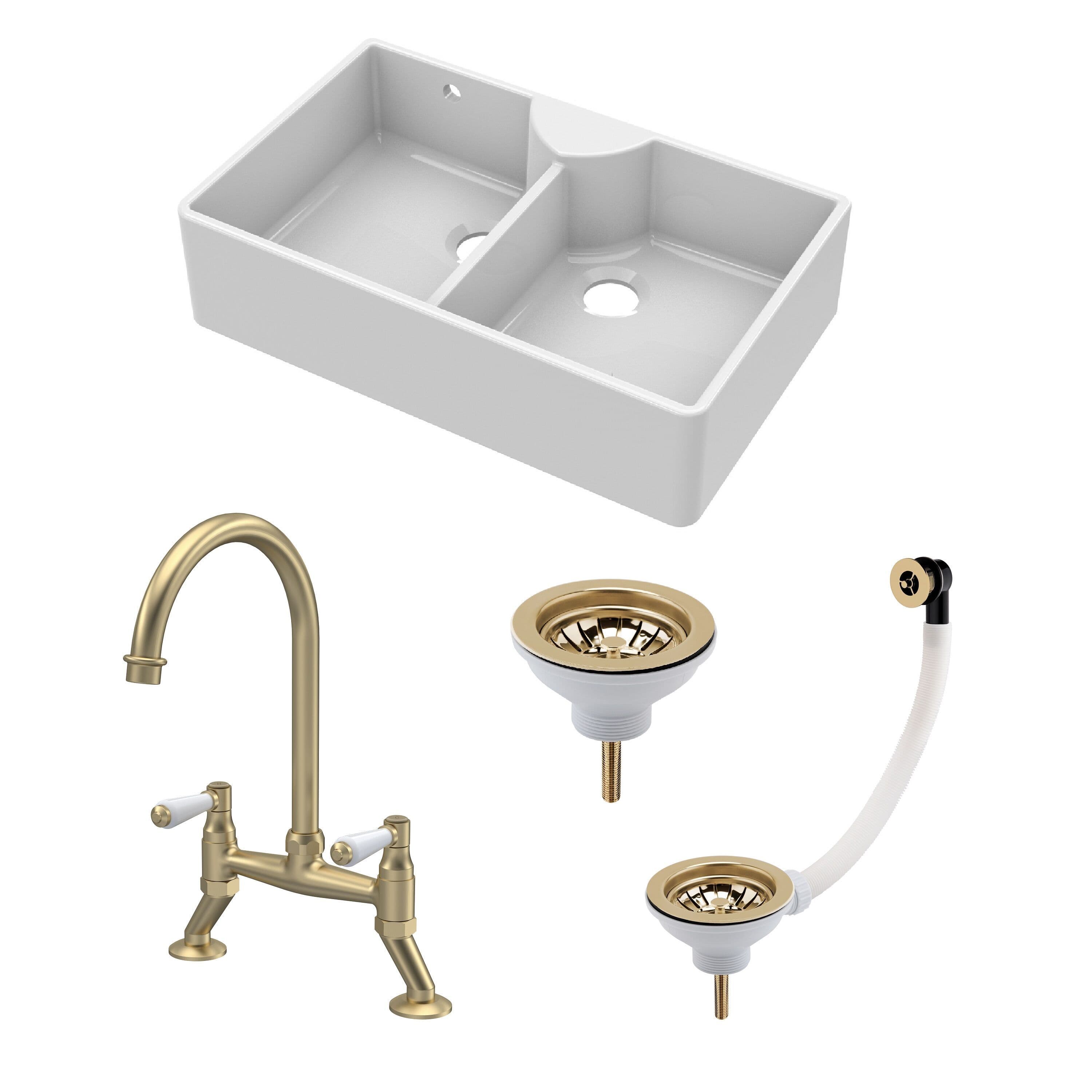 Fireclay 2 Bowl Stepped Weir Butler Sink Wastes Tap 895mm