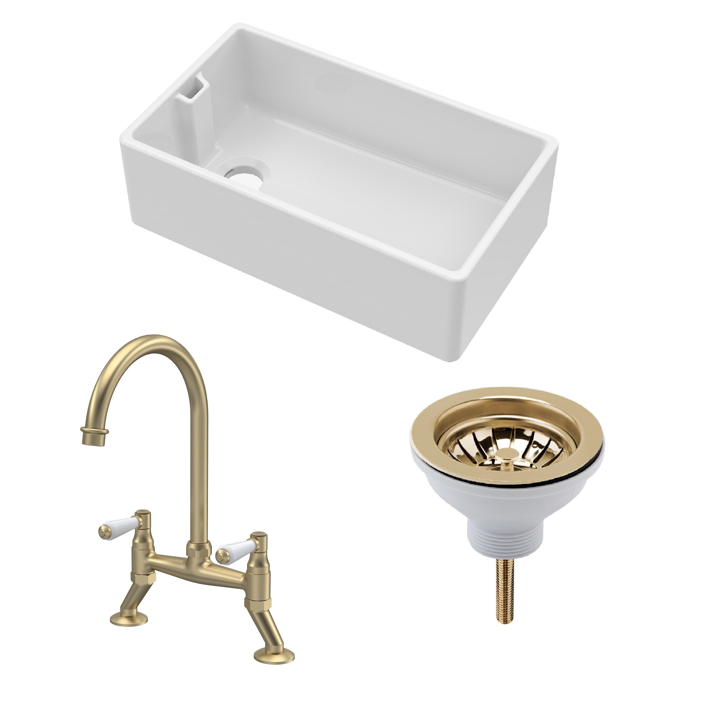 Fireclay 1 Bowl Belfast Sink Strainer Waste Tap Brushed Brass 795mm