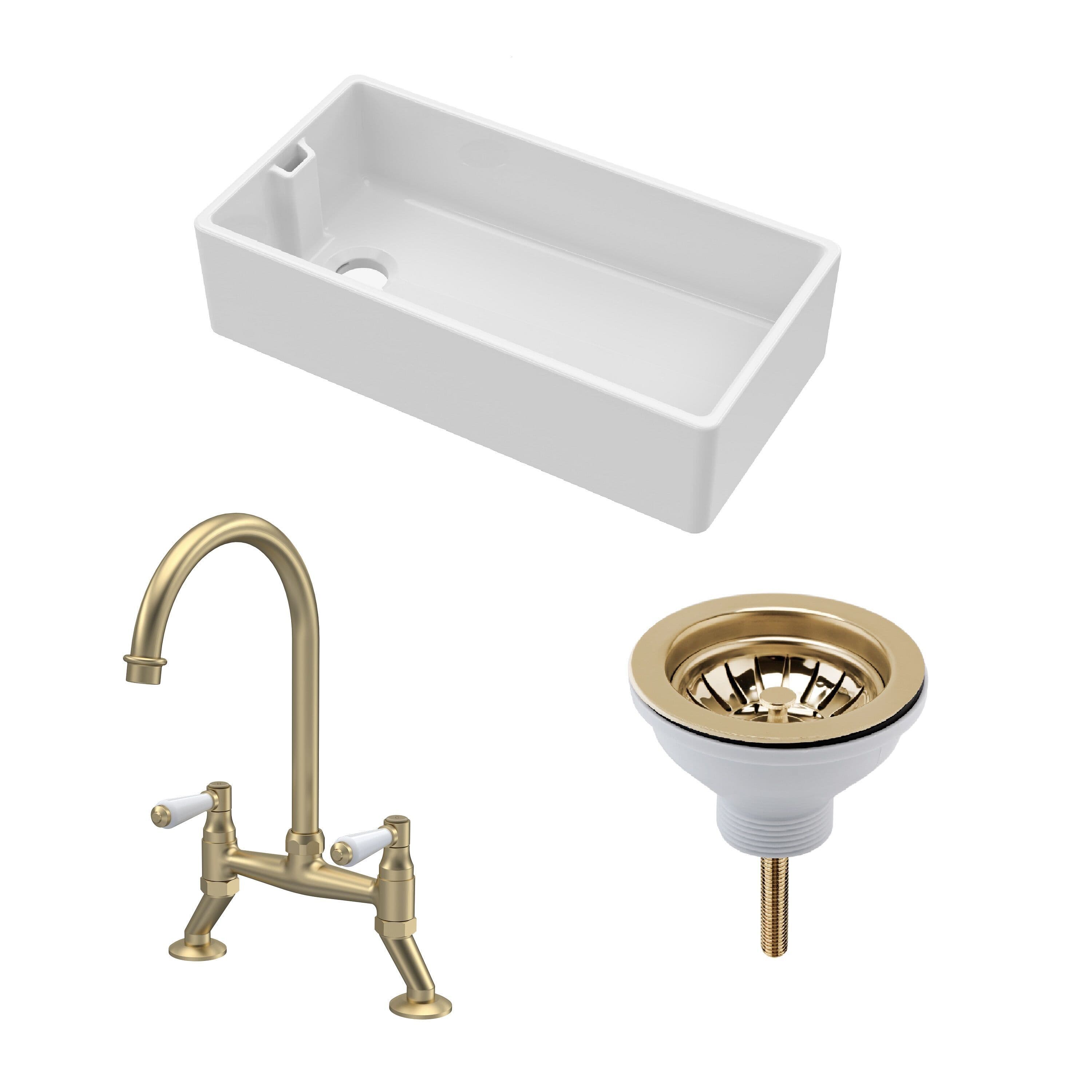 Fireclay 1 Bowl Belfast Sink Waste Mixer Tap Brushed Brass 895mm