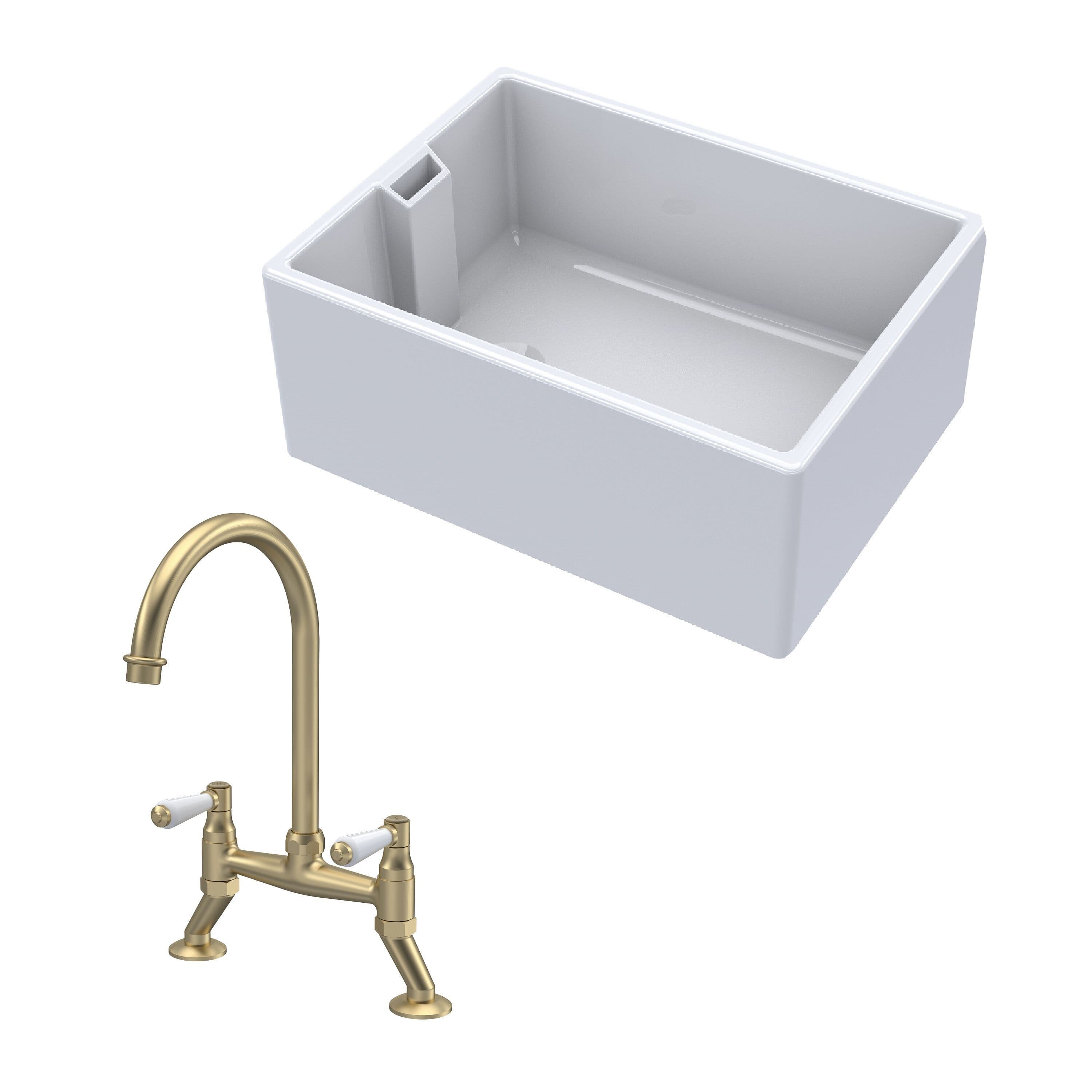Fireclay Belfast Kitchen Sink Brushed Brass Mixer Tap 615mm