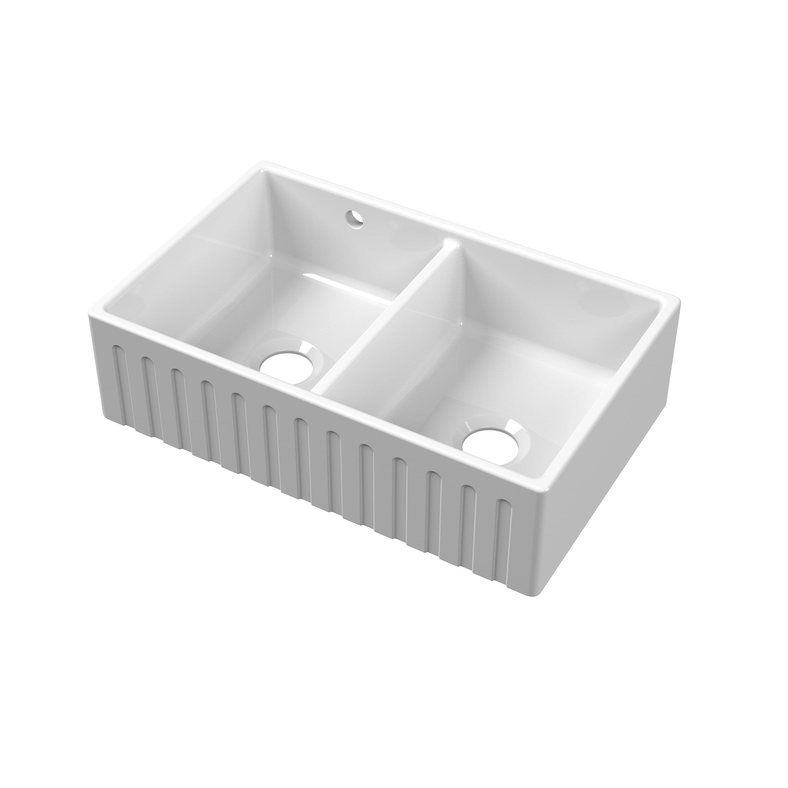 Fireclay 2 Bowl Fluted Front Butler Sink Stepped Weir 795x500mm