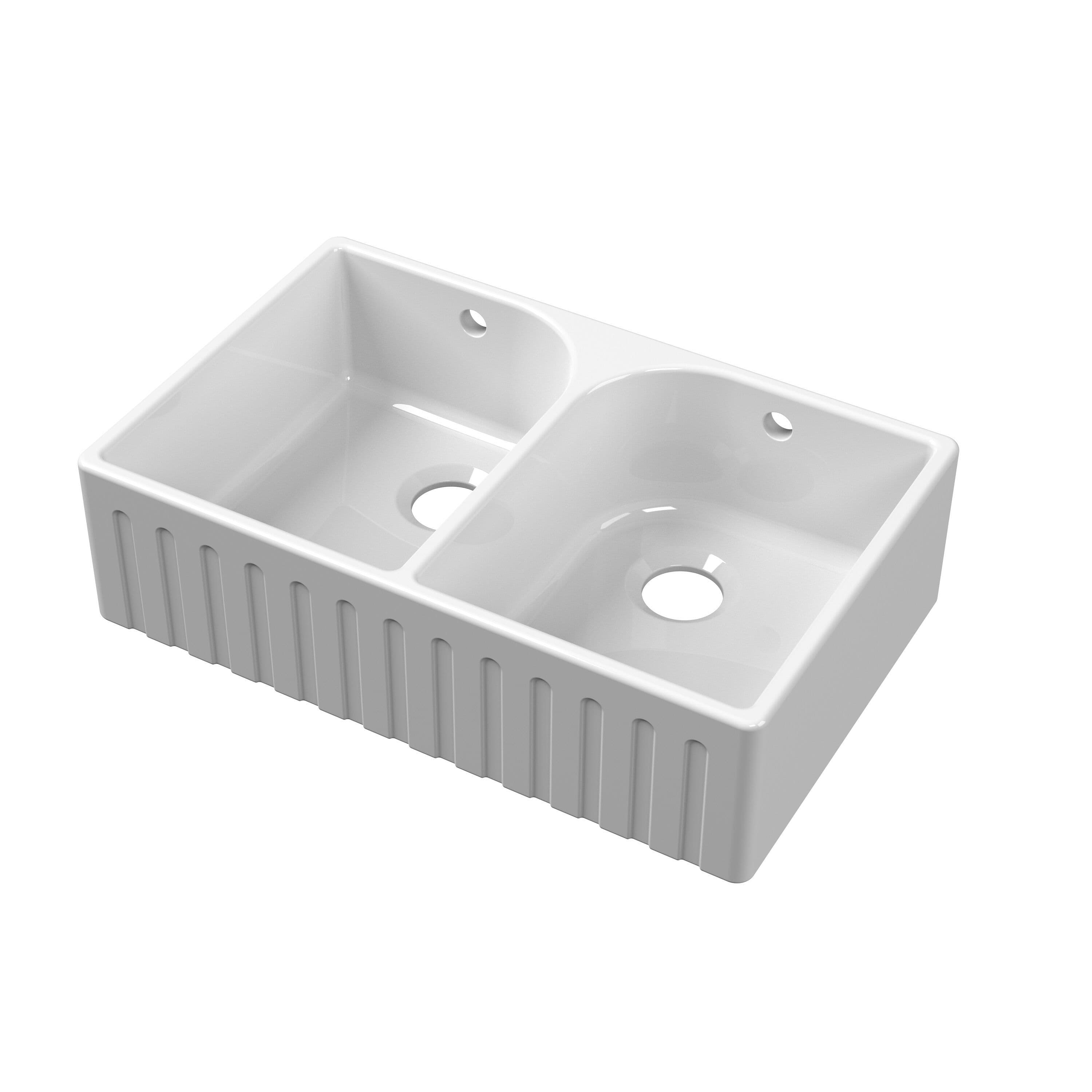 Fireclay Kitchen 2 Bowl Fluted Front Butler Sink Full Weir