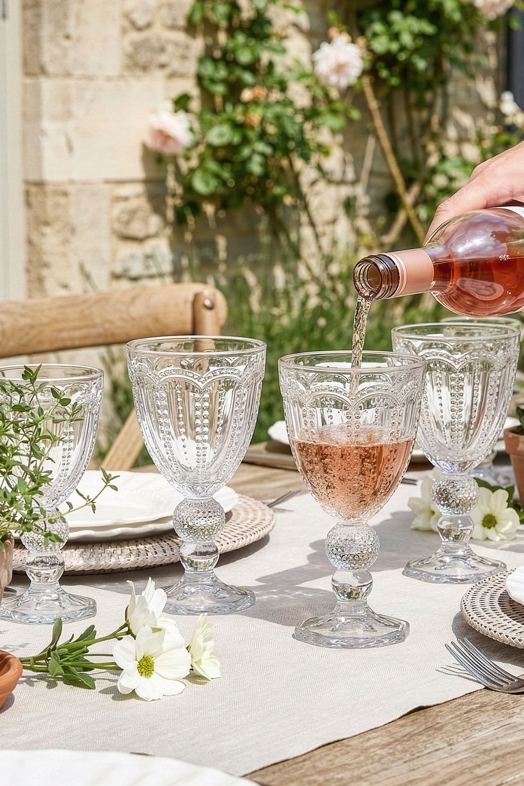 Set 4 Vintage Luxury Clear Embossed Drinking Goblet Glasses