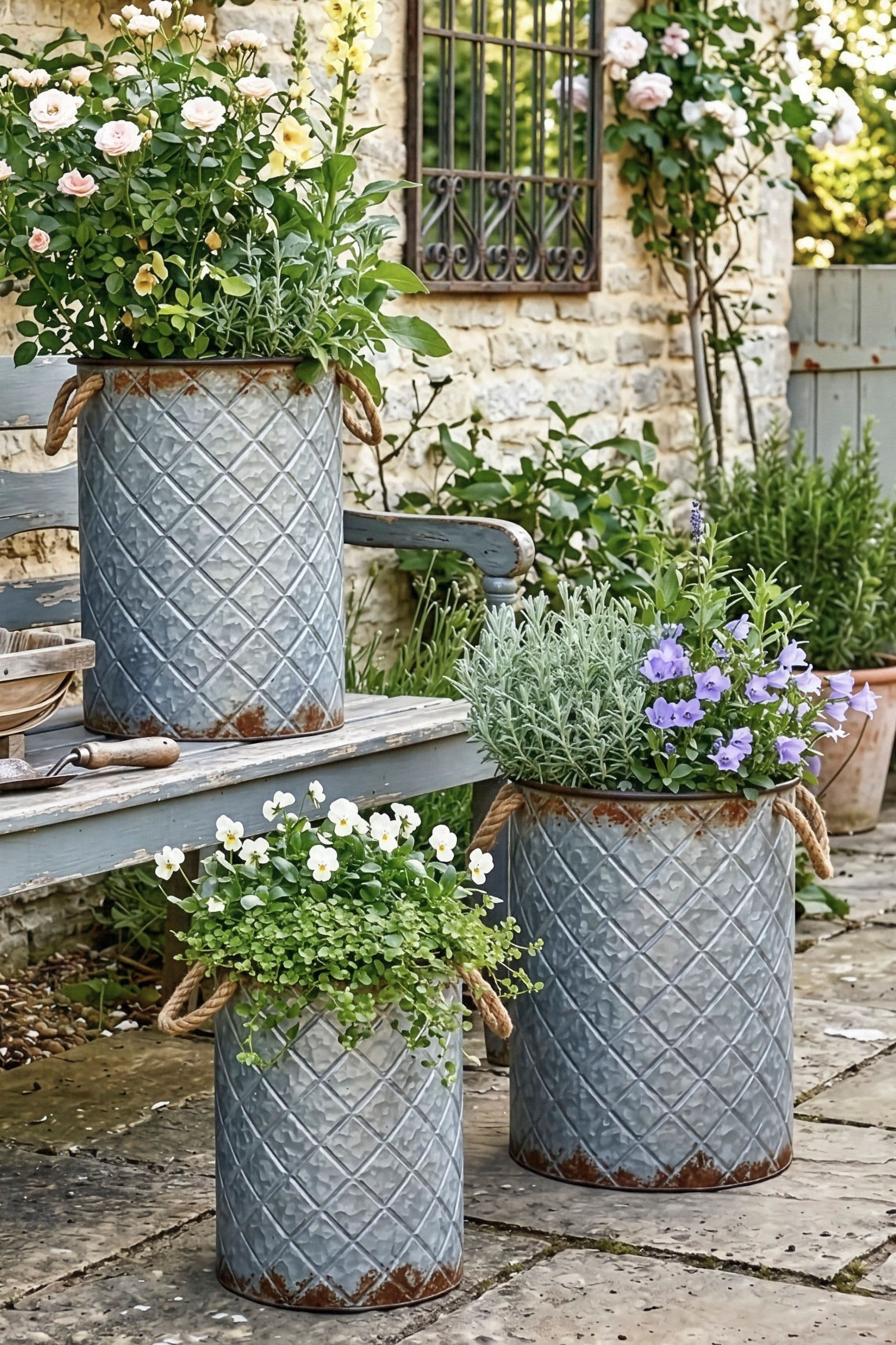 Set 3 Diamond Relief Indoor Outdoor Garden Bucket Planters