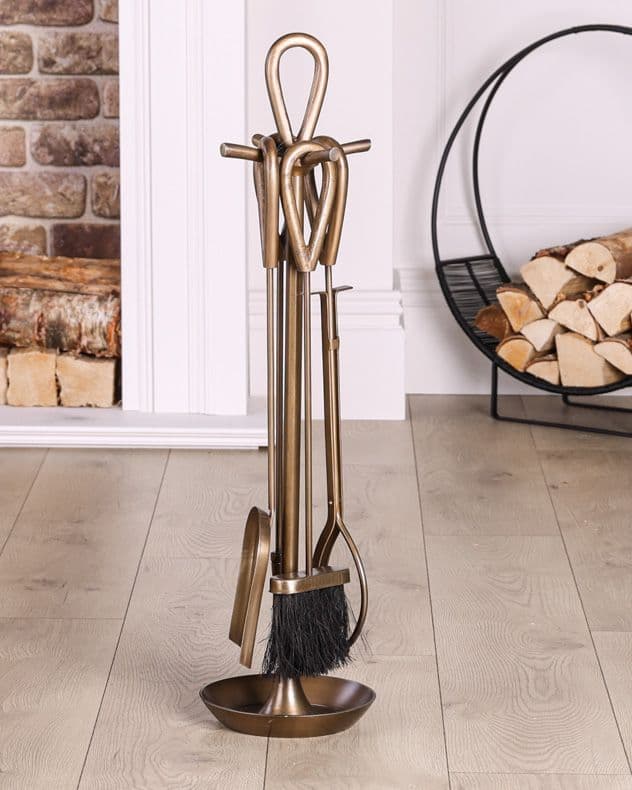 Contemporary Fireside 4pc Companion Set Freestanding Fireplace Tool Accessory Set Brass Antique Fire Set 75cm High