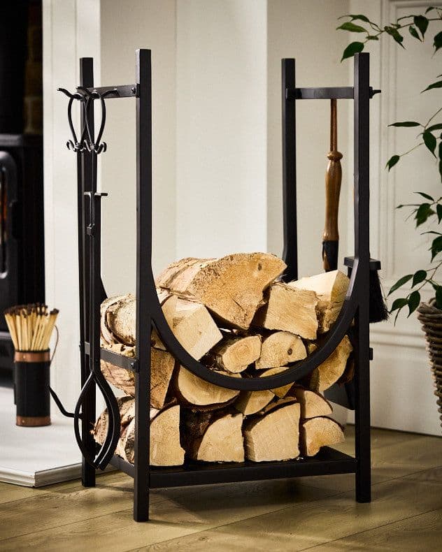 Contemporary Fireplace Freestanding Firewood Log Holder Log Storage Rack Companion Tools Set