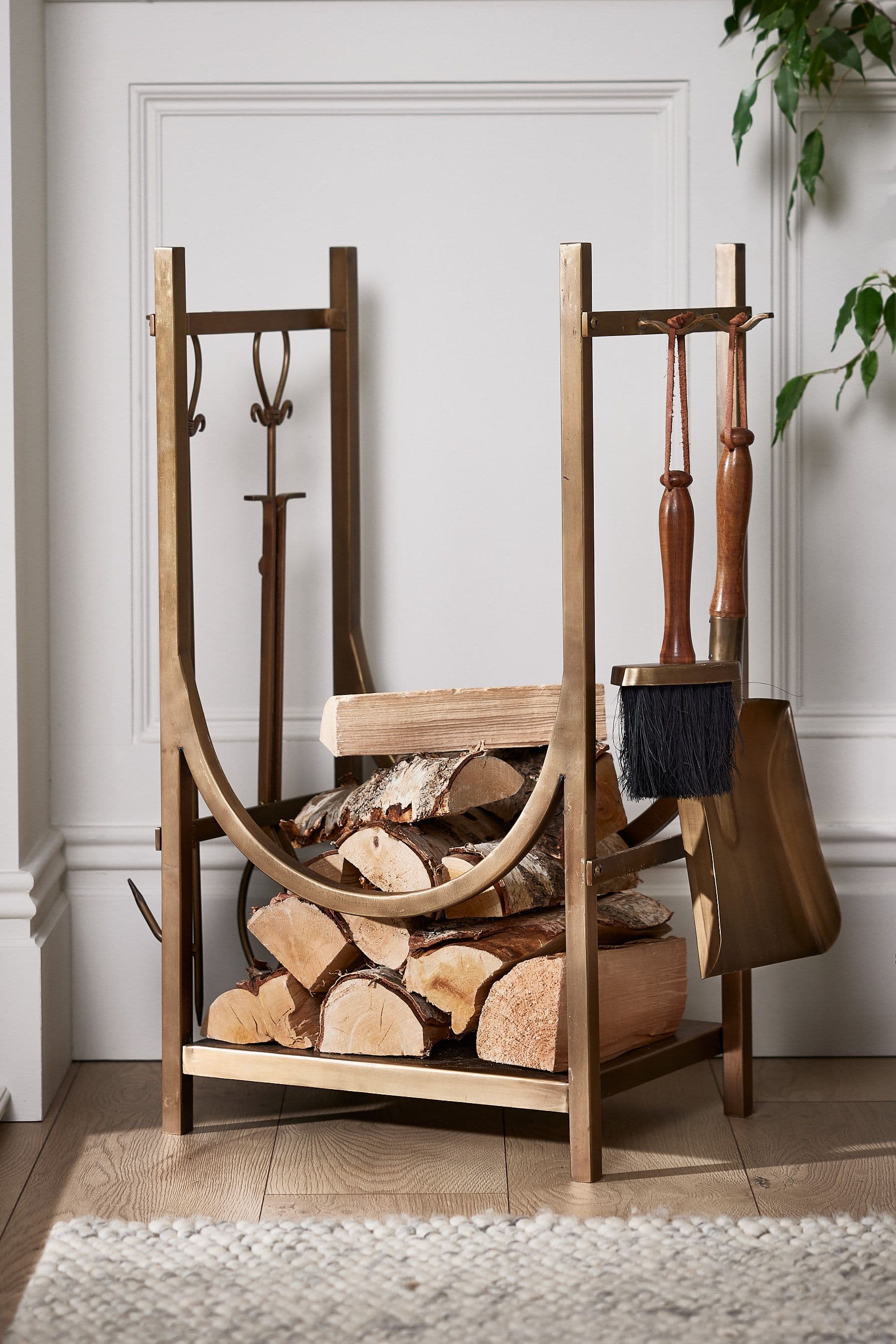 Contemporary Fireplace Freestanding Fireside Firewood Log Holder Log Storage Rack Companion Set
