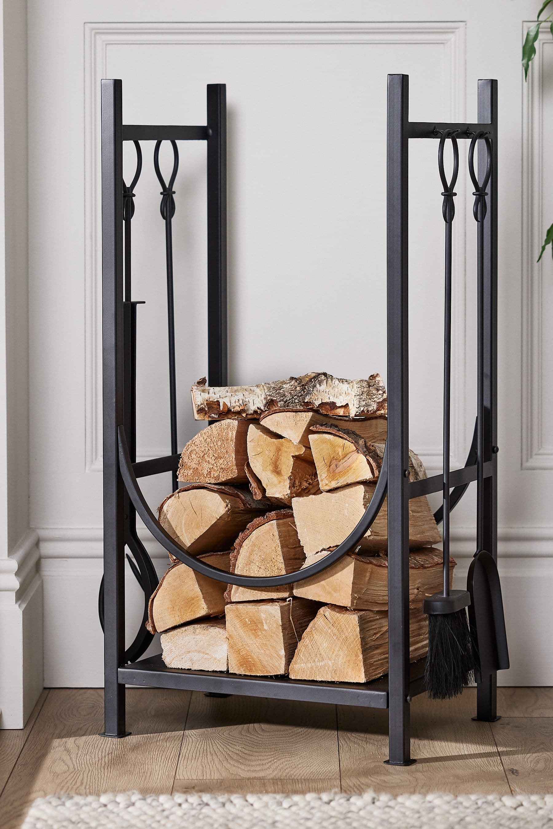 Contemporary Fireplace Freestanding Fireside Firewood Log Holder Log Storage Rack Companion Set