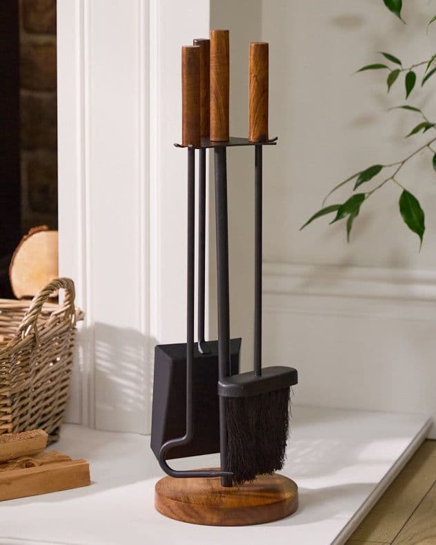 Contemporary Fireplace Wooden Base Fireside Companion Set 3 Tools