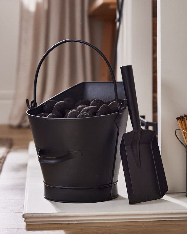 Vintage Style Fireplace Storage Fireside Kindling Coal Scuttle Bucket Folding Handle & Scoop