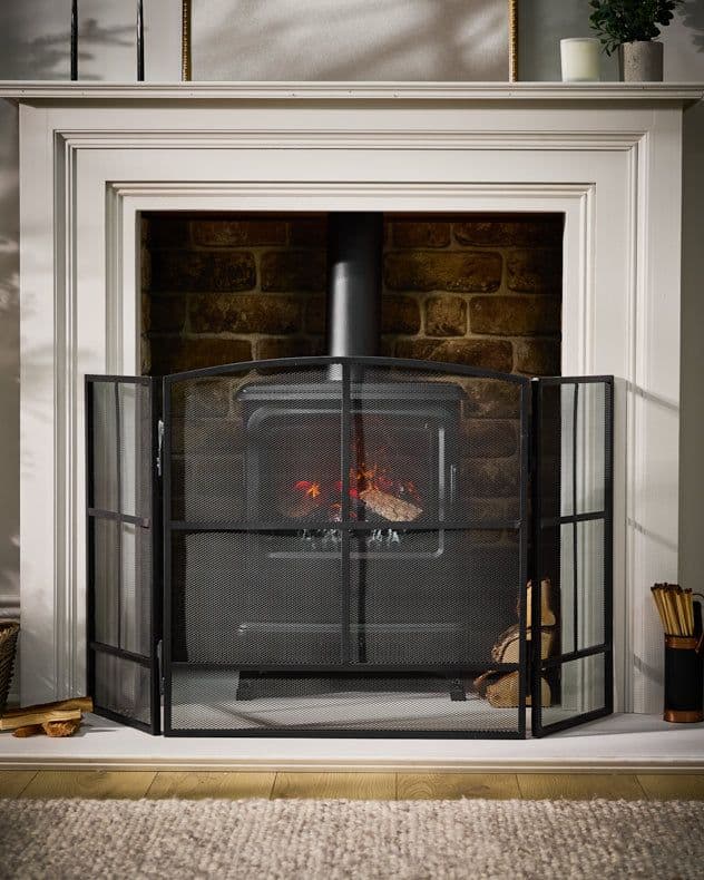 Contemporary Style Matte Black Fire Screen 3 Folding Window Pane Contemporary Fire Guard