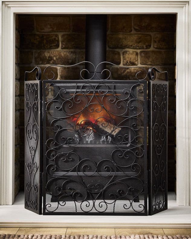 Vintage Style Matte Black Fire Screen 3 Folding Fire Guard