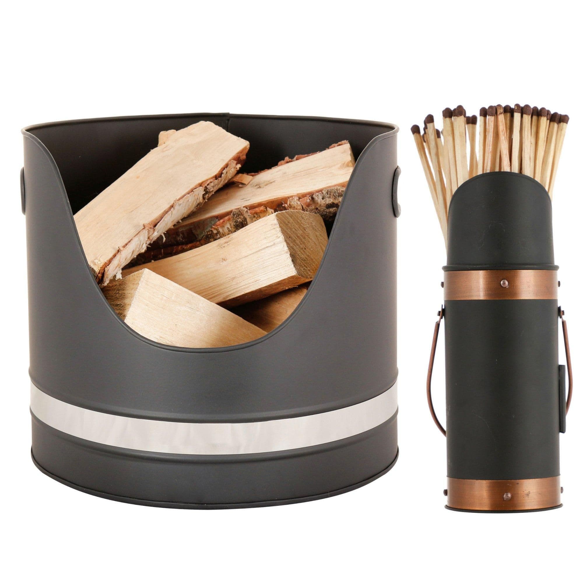 Contemporary Matte Black Fireplace Coal Log Storage Kindling Bucket Basket Matches Canister