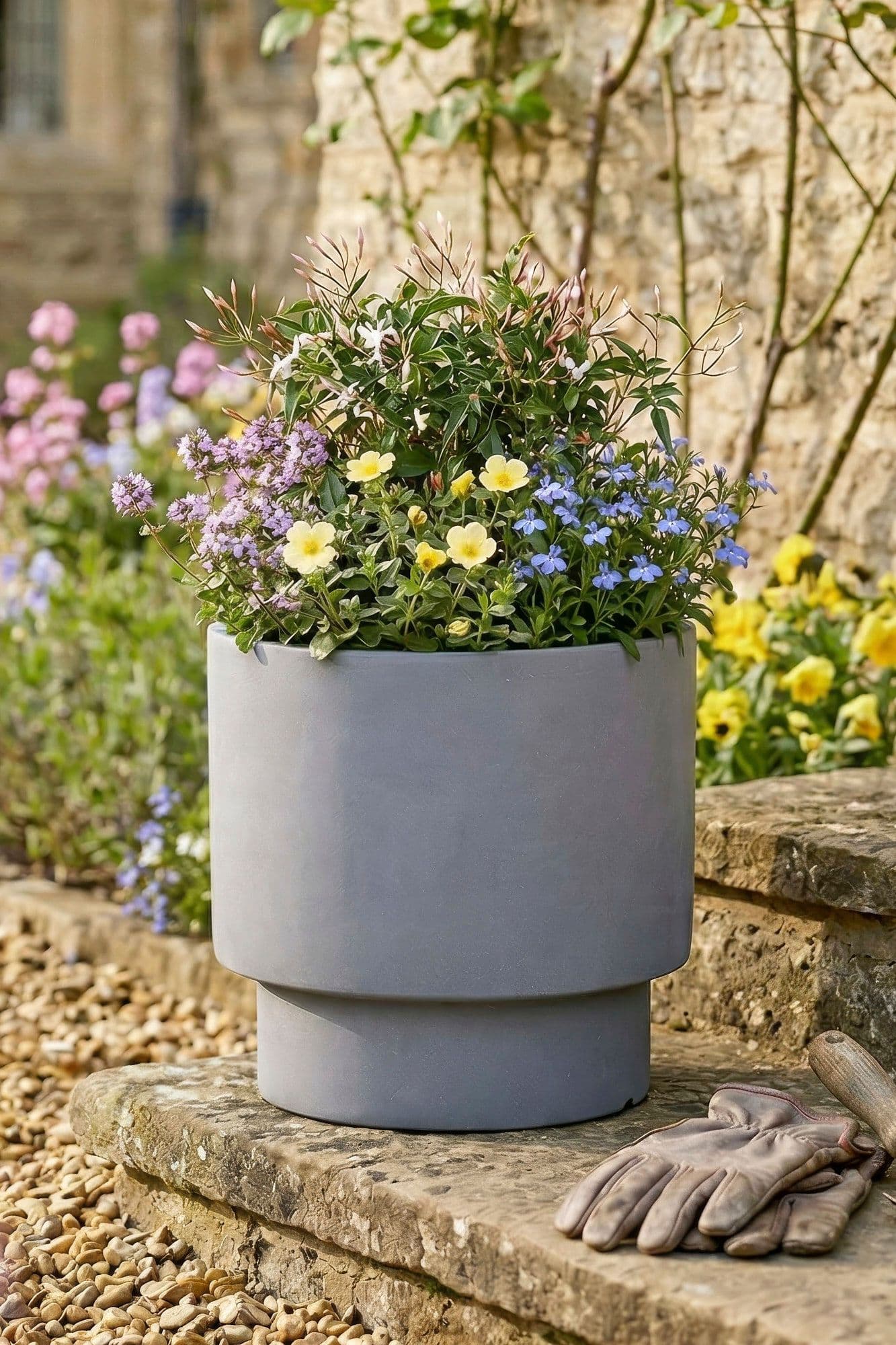 Small Light Grey Fibre Clay Indoor Outdoor Garden Planter Houseplant Flower Plant Pot