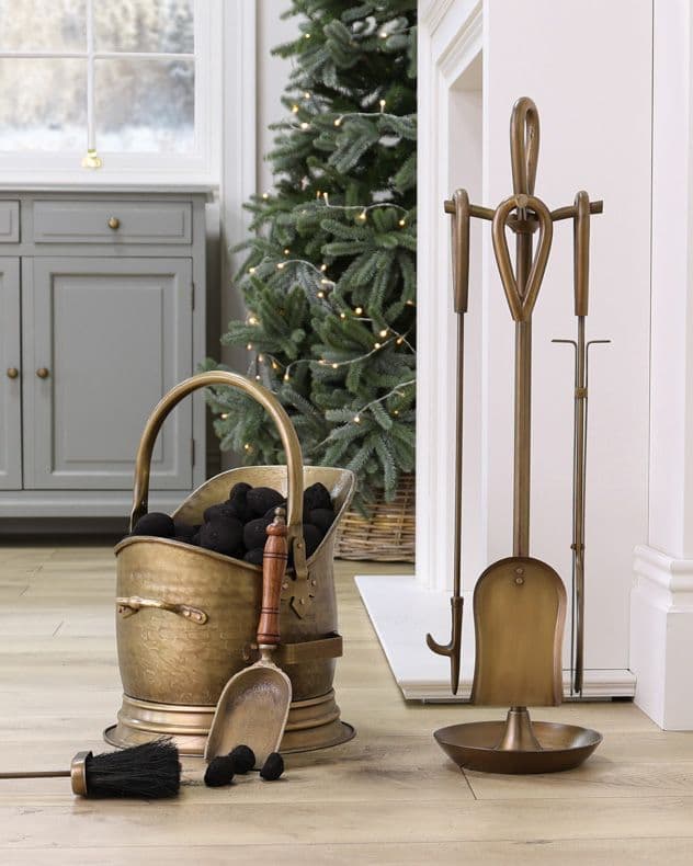 Contemporary Antique Brass Fireside 4pcs Freestanding Companion Set Coal Bucket Shovel